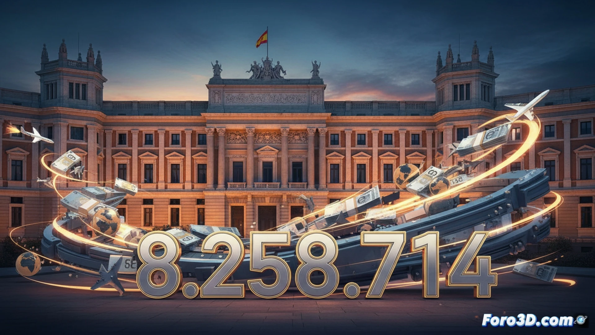 Un avión despega sobre un hemiciclo vacío, con billetes de euro esparcidos que ascienden hacia la ventana.