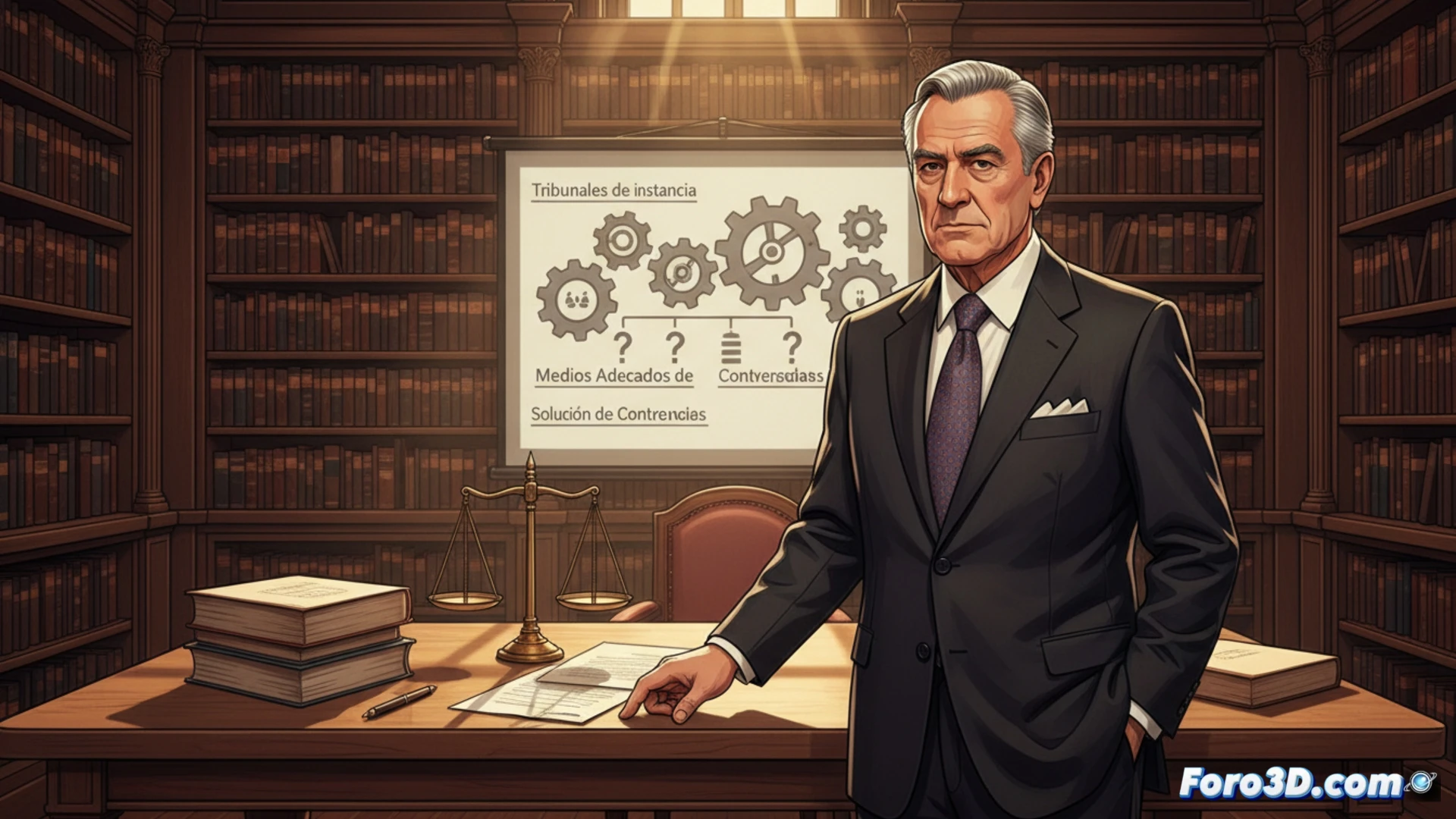 Un abogado explica a un cliente, con gesto preocupado, un documento legal lleno de símbolos de interrogación y cifras borrosas, sobre un fondo de libros de leyes.