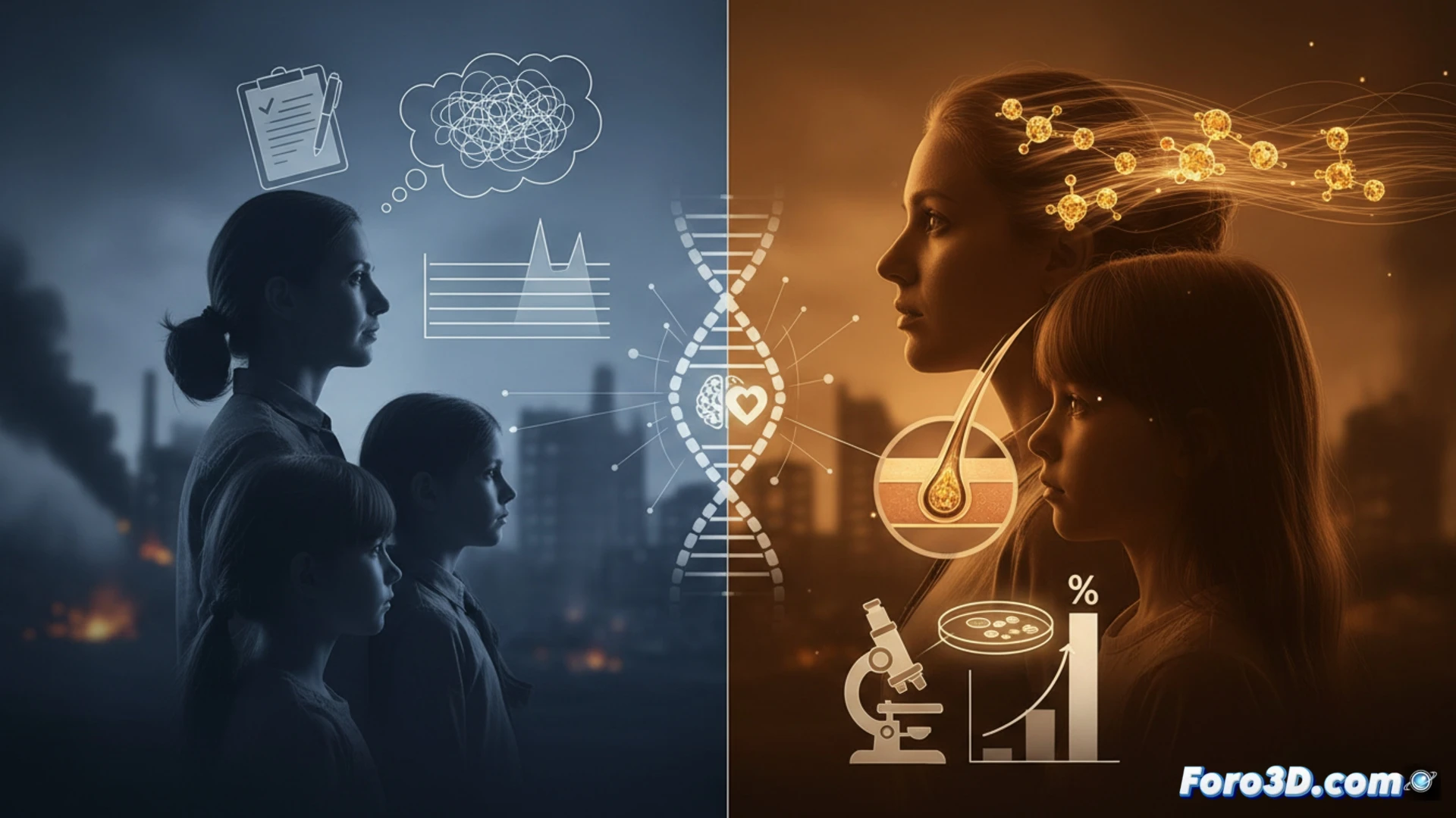 Una mujer refugiada con una mecha de cabello analizada, mostrando niveles elevados de cortisol.