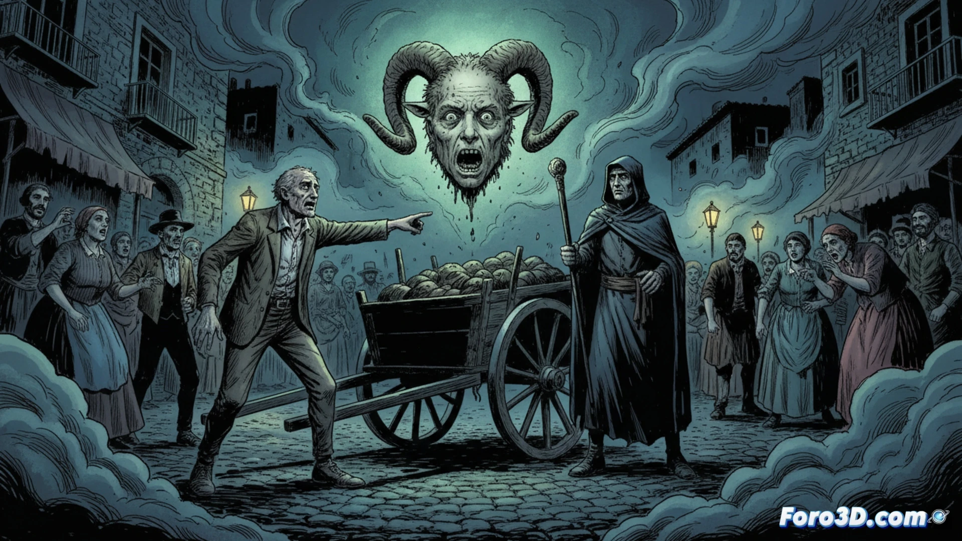 Una calle empedrada de Madrid, con una cabeza incorpórea flotando sobre un puesto de mercado antiguo.