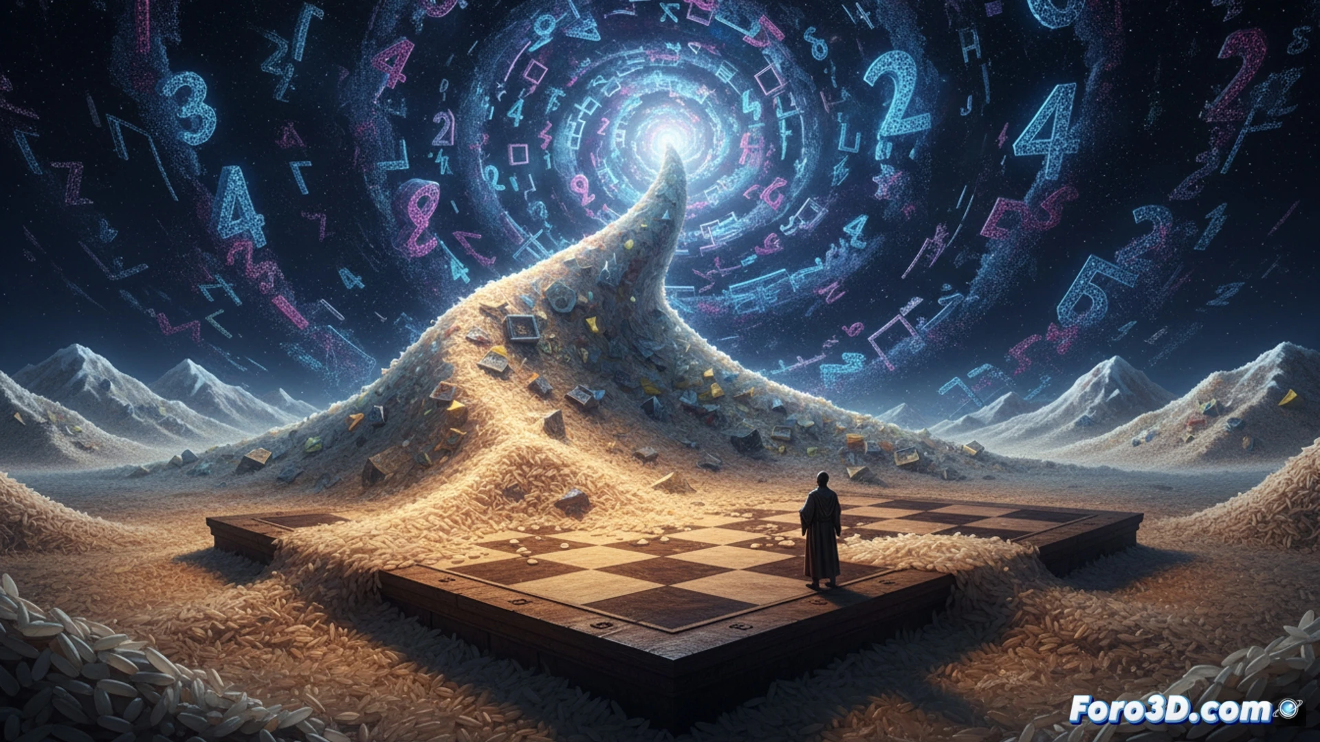 Un tablero de ajedrez desbordado por una montaña de arroz que crece sin control, superando la producción global.