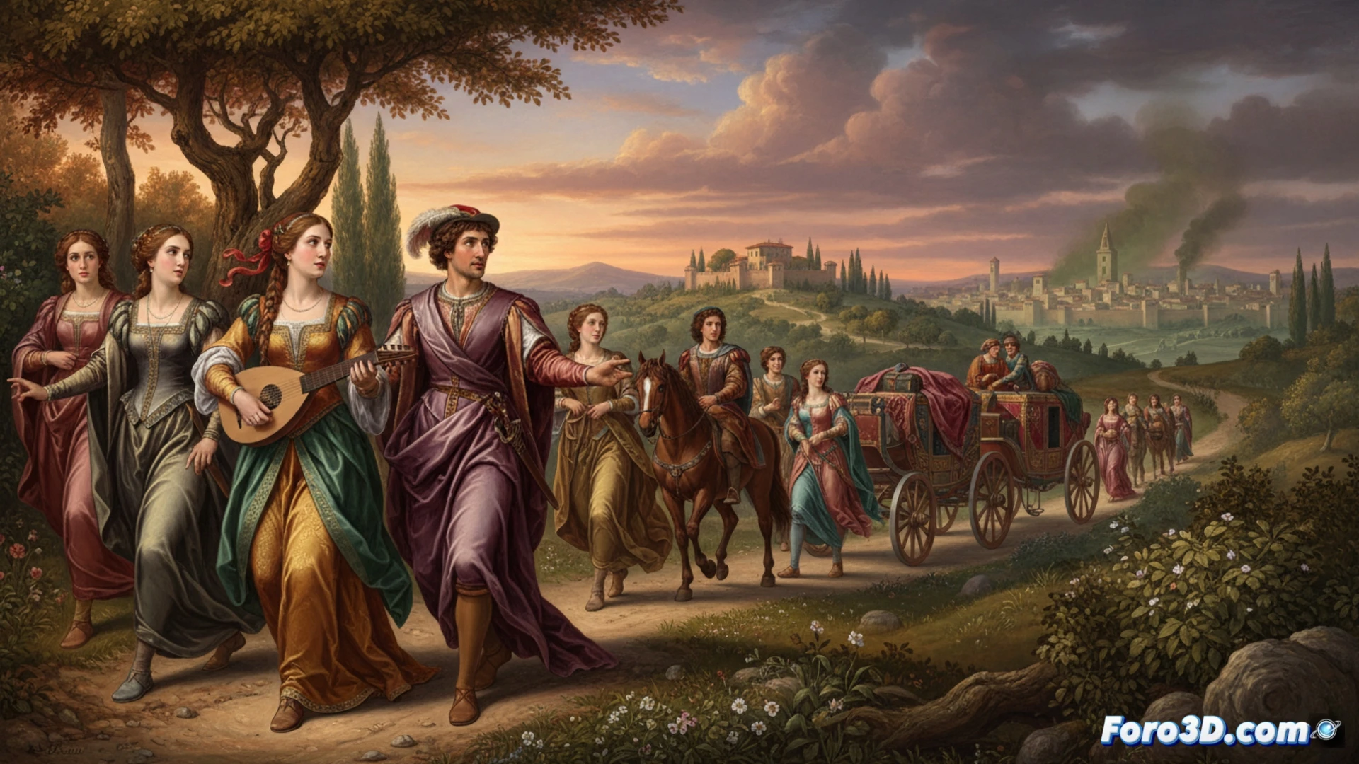 Una escena 3D estilizada donde personajes medievales en un jardín digital cuentan historias, mientras hologramas muestran símbolos de poder y crítica social moderna.