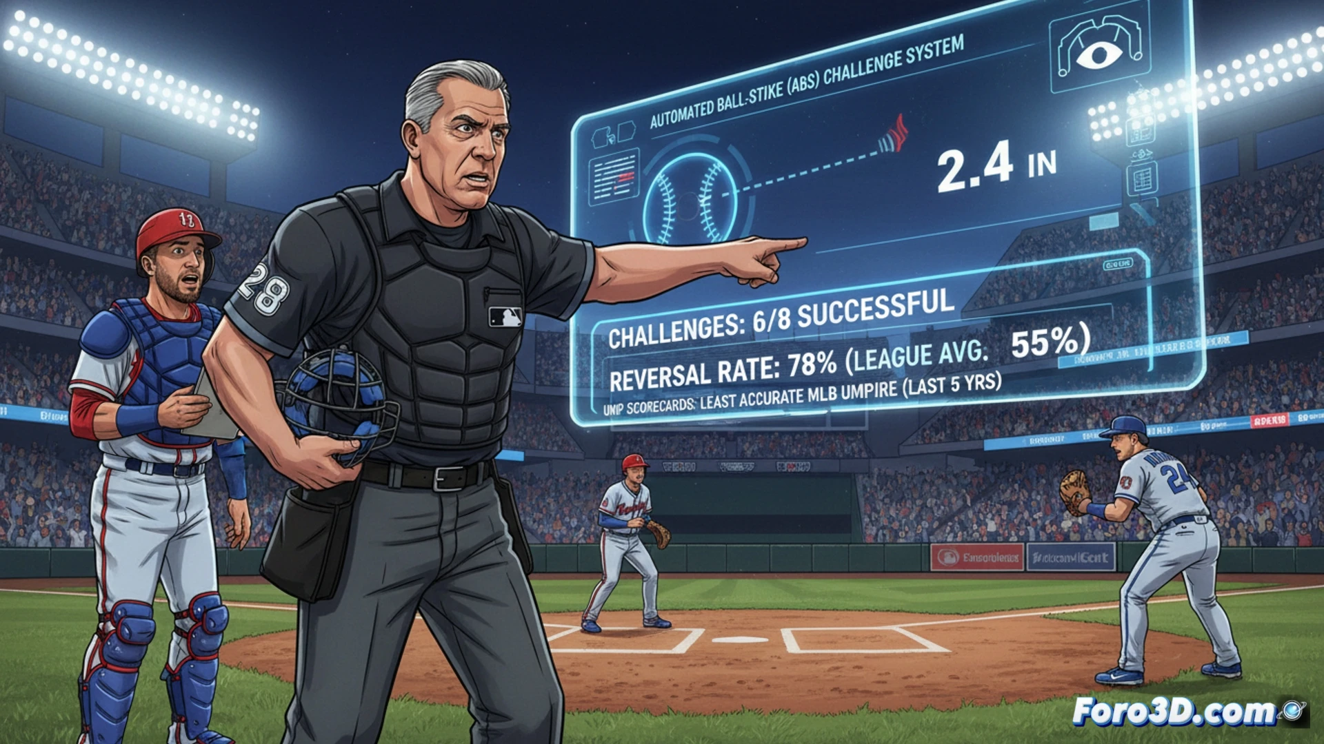 El árbitro CB Bucknor observa mientras la pantalla ABS muestra múltiples decisiones de 'strike' revertidas tras desafíos.