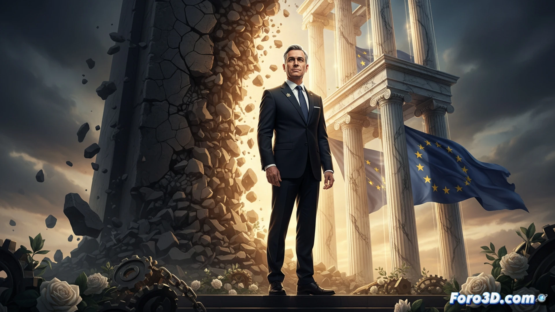 Un hombre desarma un muro de ladrillos con el nombre Orbán, simbolizando el desmantelar su sistema político.