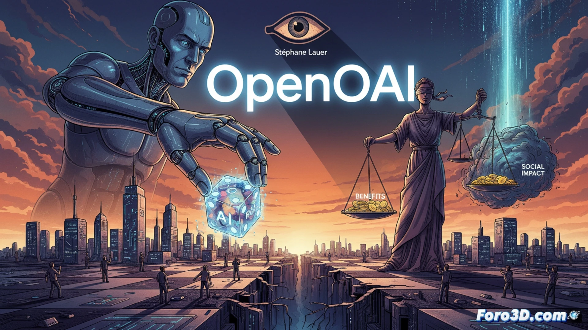 Una figura con dos caras, una crea IA y la otra juzga, sobre un tablero de ajedrez global.