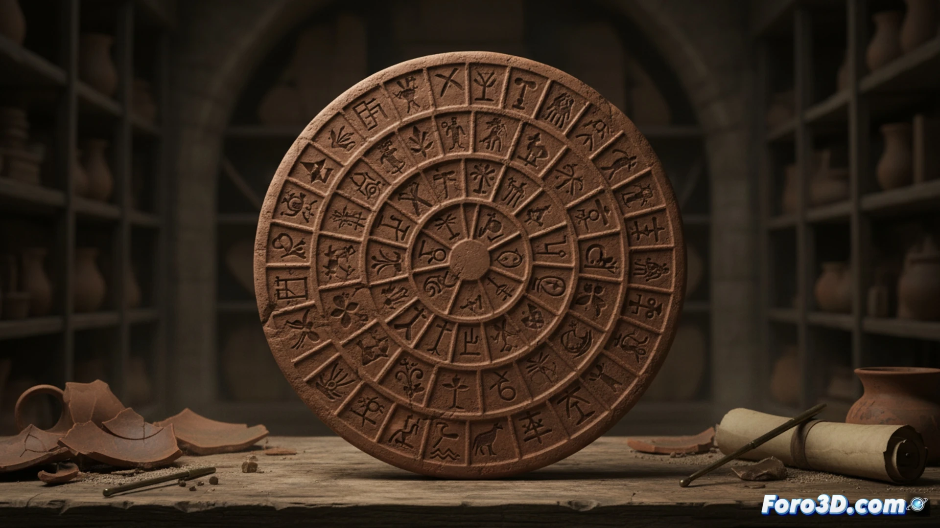 Reconstrucción 3D detallada del Disco de Festos, mostrando la espiral de símbolos aún sin descifrar.