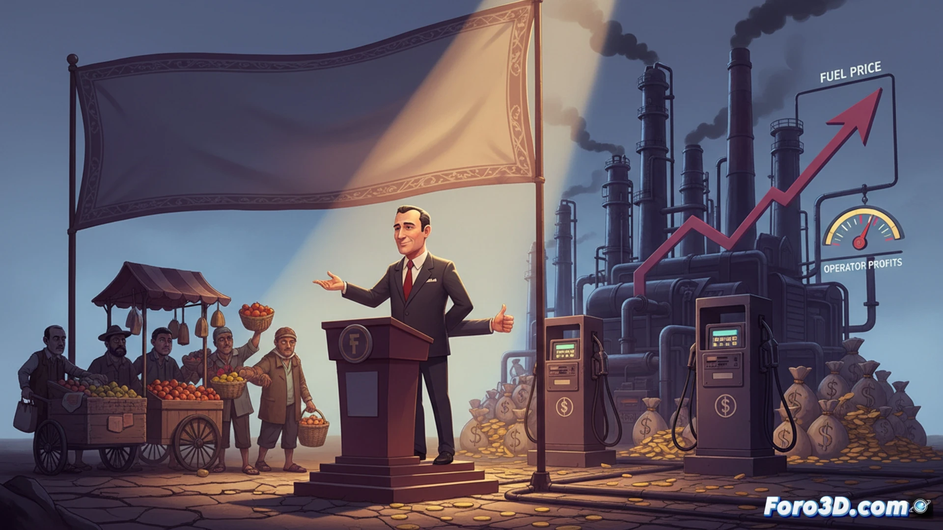 Un político señala con una mano un cartel de 'comercio justo' y con la otra aprueba un gráfico de precios de gasolina en alza.