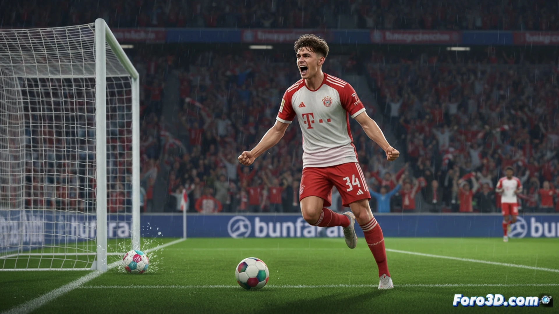 Joven Tom Bischof celebra su segundo gol. El estadio del Bayern estalla en júbilo mientras los rivales del Friburgo, desolados, observan.