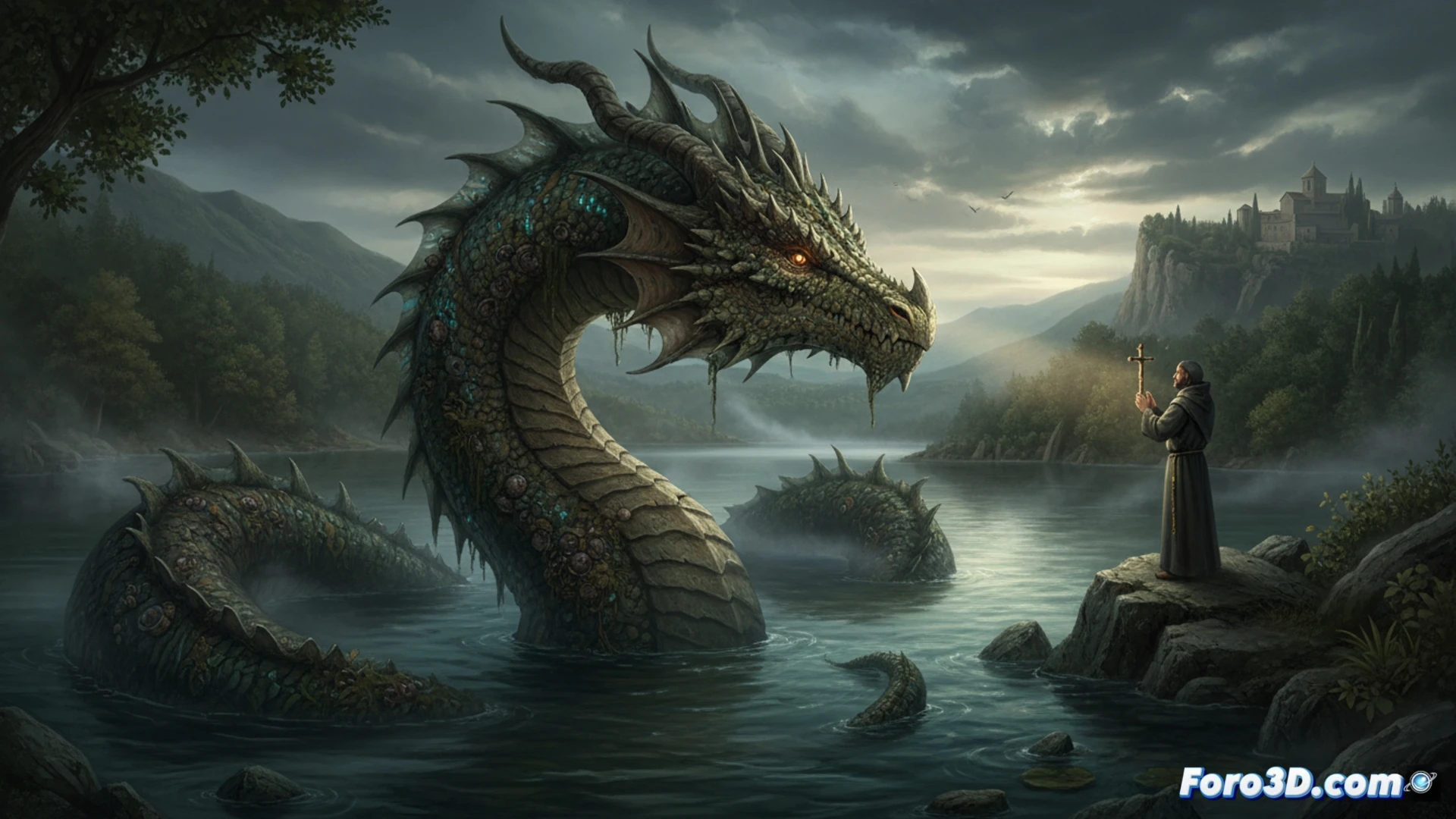 Una figura draconiana emerge sutilmente de las aguas oscuras del lago, con ondas de sonar y datos digitales superpuestos.