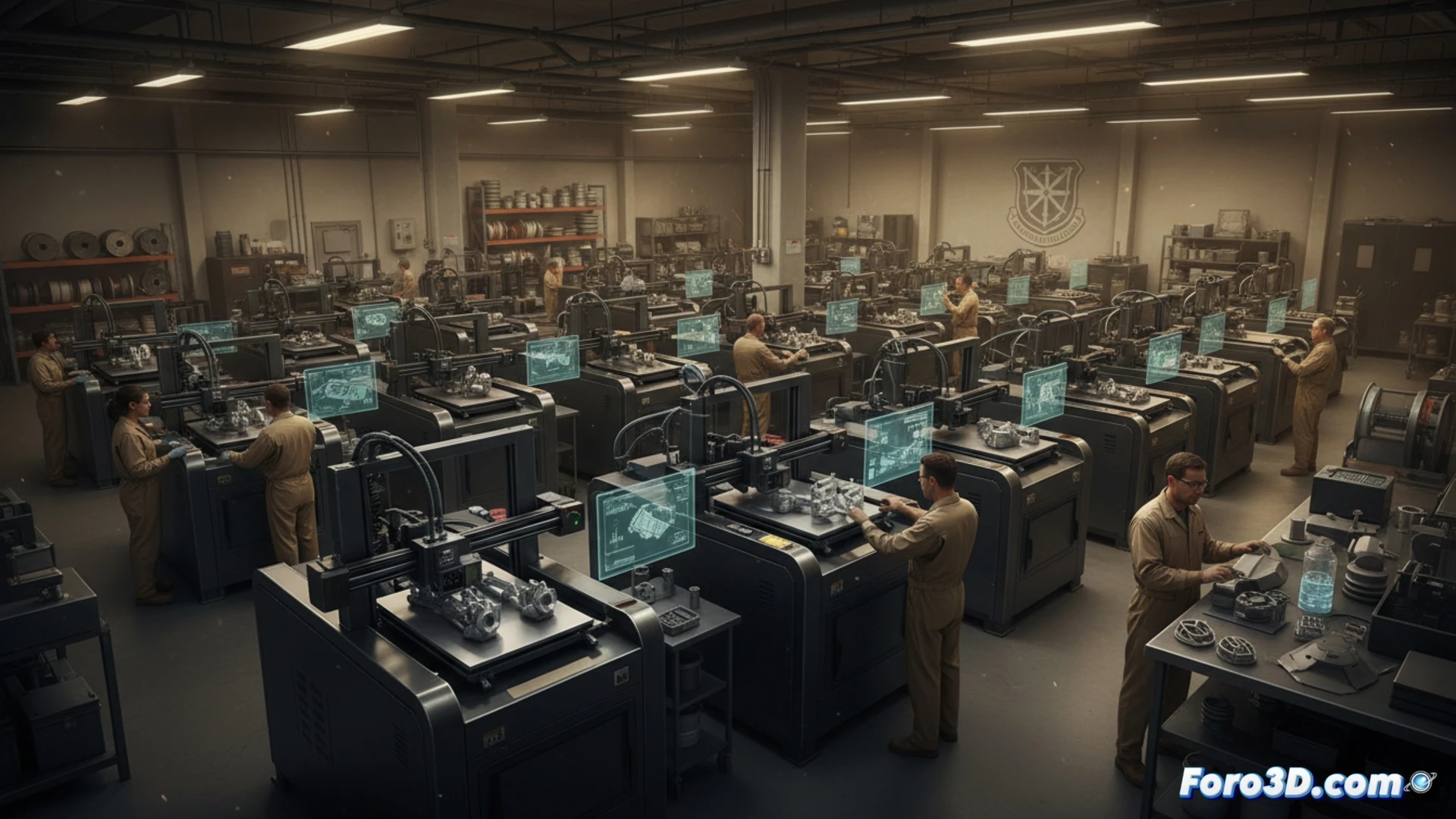 Taller militar con más de 50 impresoras 3D fabricando piezas de plástico, metal y cerámica para prototipos.