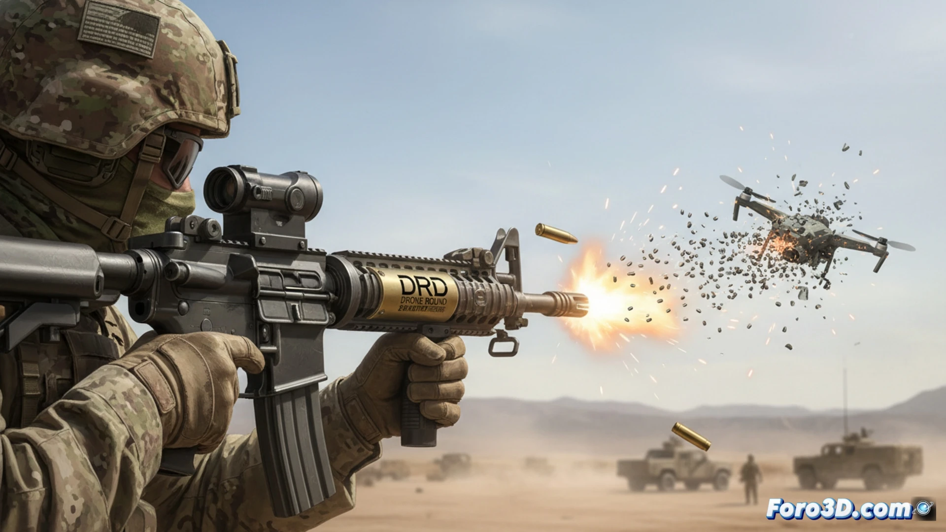 Un soldado dispara su fusil M4, lanzando una nube de perdigones hacia un dron negro en el cielo diurno.