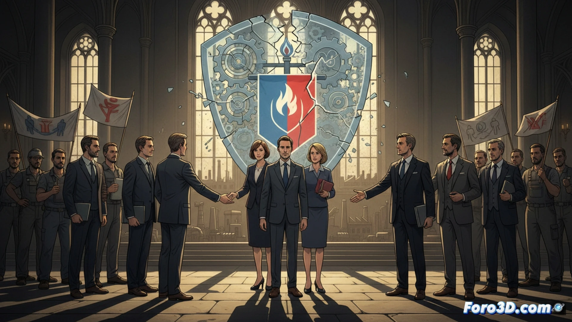 Un empresario revisa un informe económico junto al logo del Rassemblement National en una lujosa oficina.