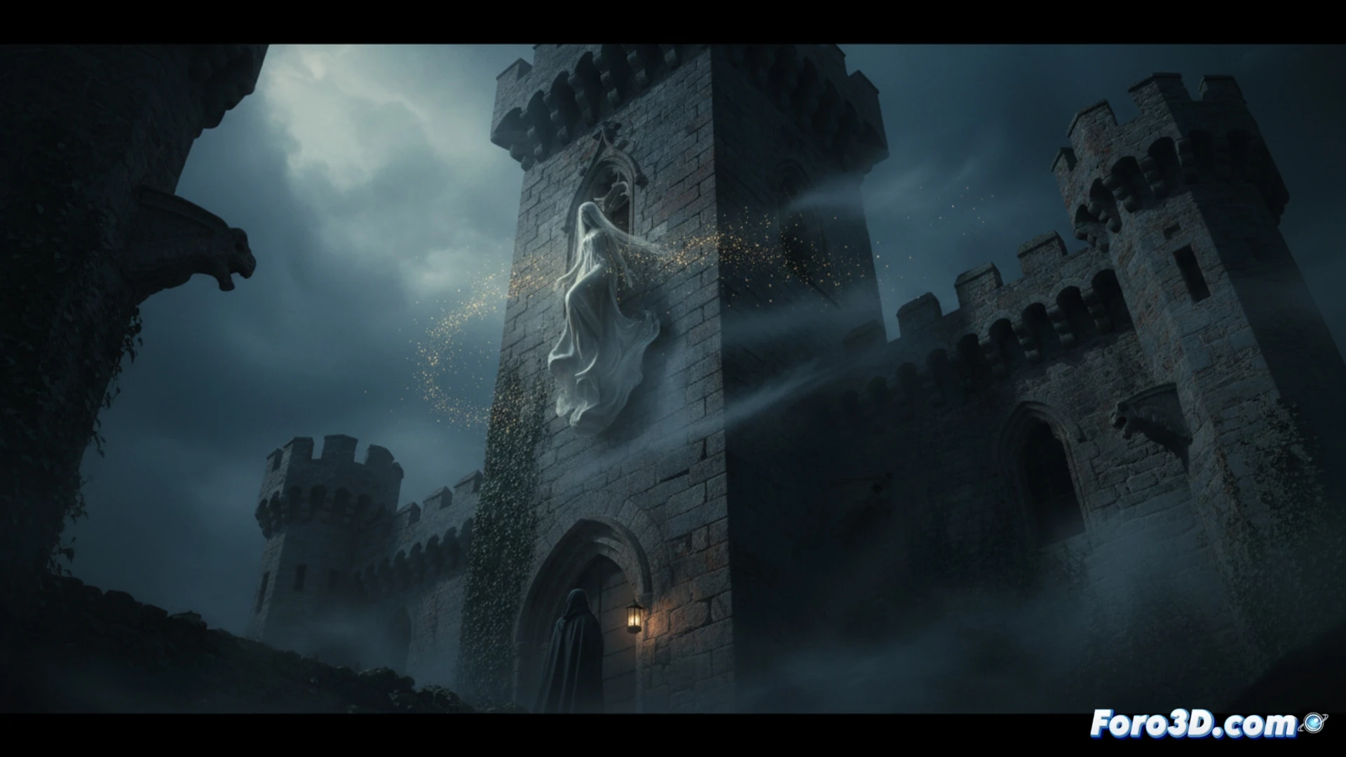 Castillo de Arteaga al atardecer, con una torre envuelta en un aura etérea de perfume antiguo.