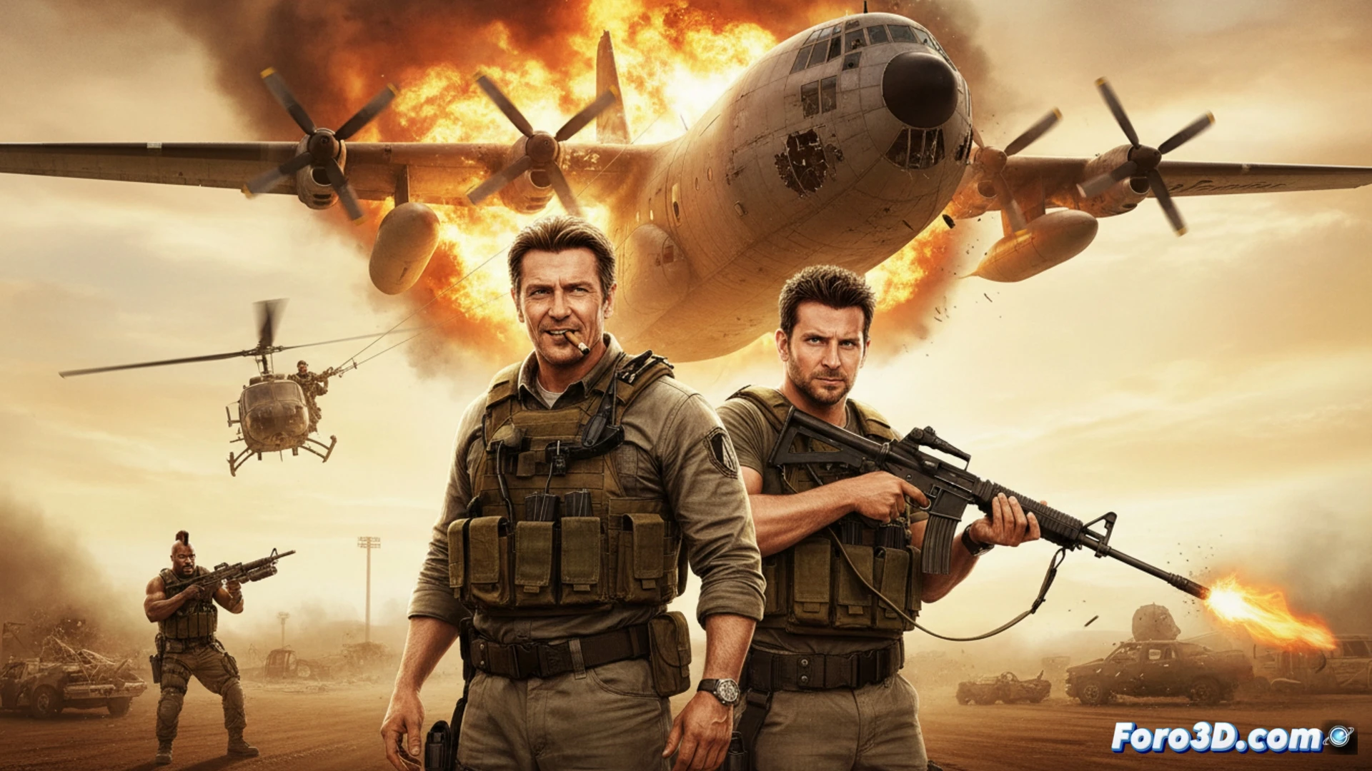 Un cartel vibrante del Equipo A en acción, con Liam Neeson y Bradley Cooper, sobre fondo rojo y el texto: Tubi, 1 de mayo de 2026, gratis.