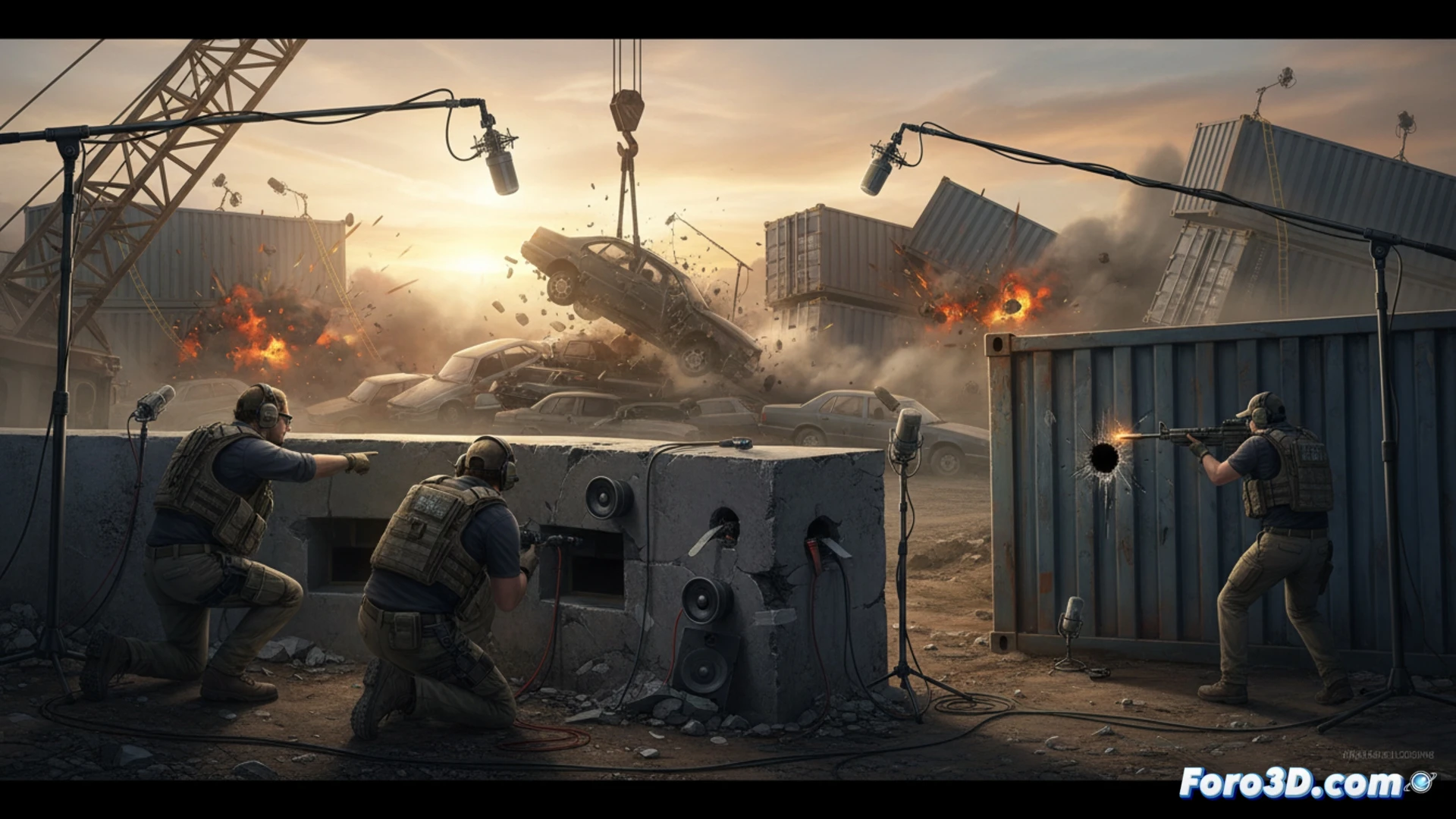 Un ingeniero de sonido graba con equipo especializado la explosión controlada de un vehículo militar en un campo abierto.