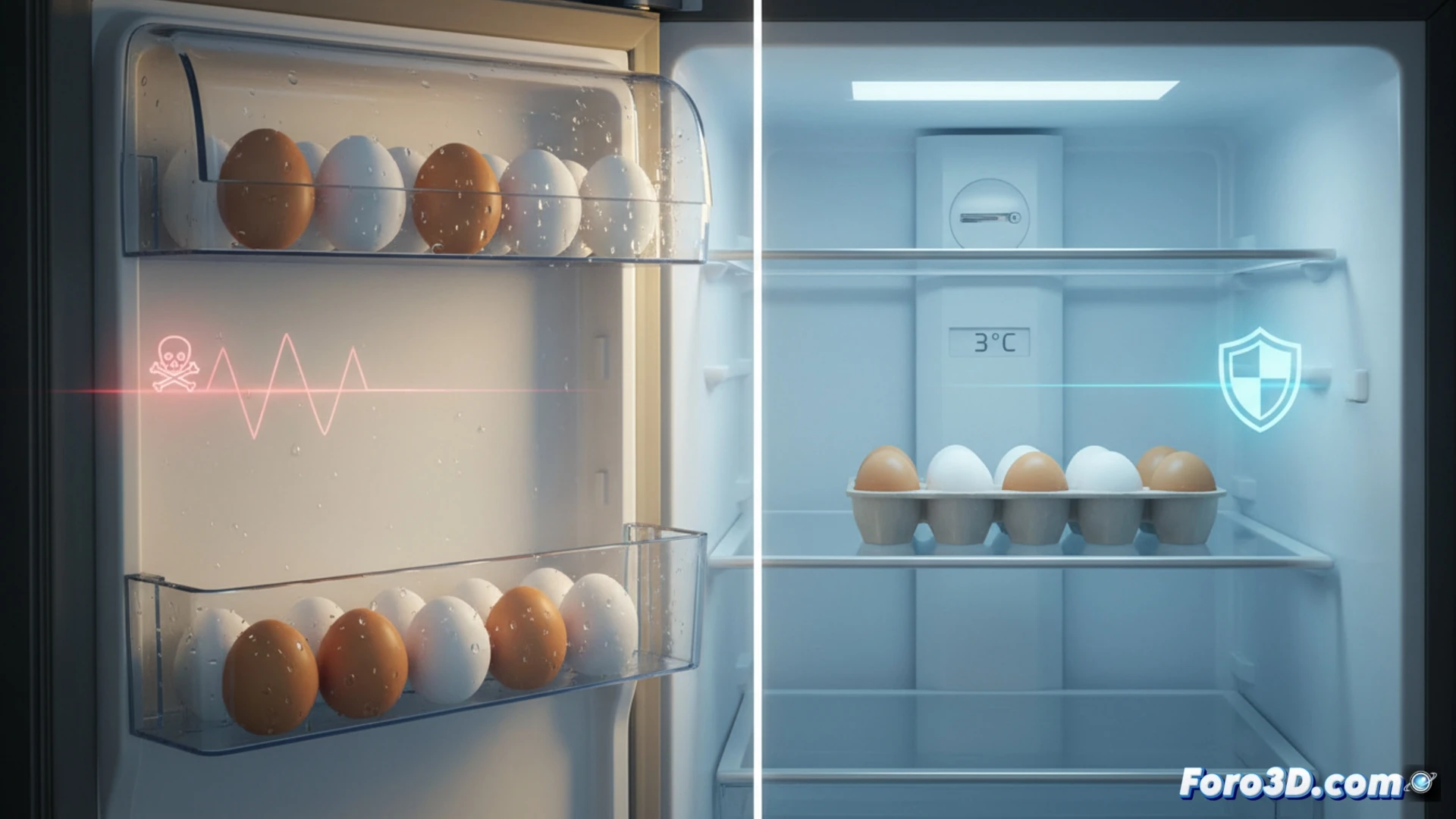 Modelo 3D de nevera mostrando la transferencia de huevos desde la puerta inestable al interior frio y constante.