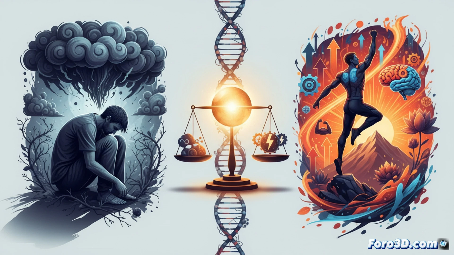 Una persona en equilibrio sobre una cuerda, con un lado oscuro y otro luminoso, mostrando el estrés positivo y negativo.