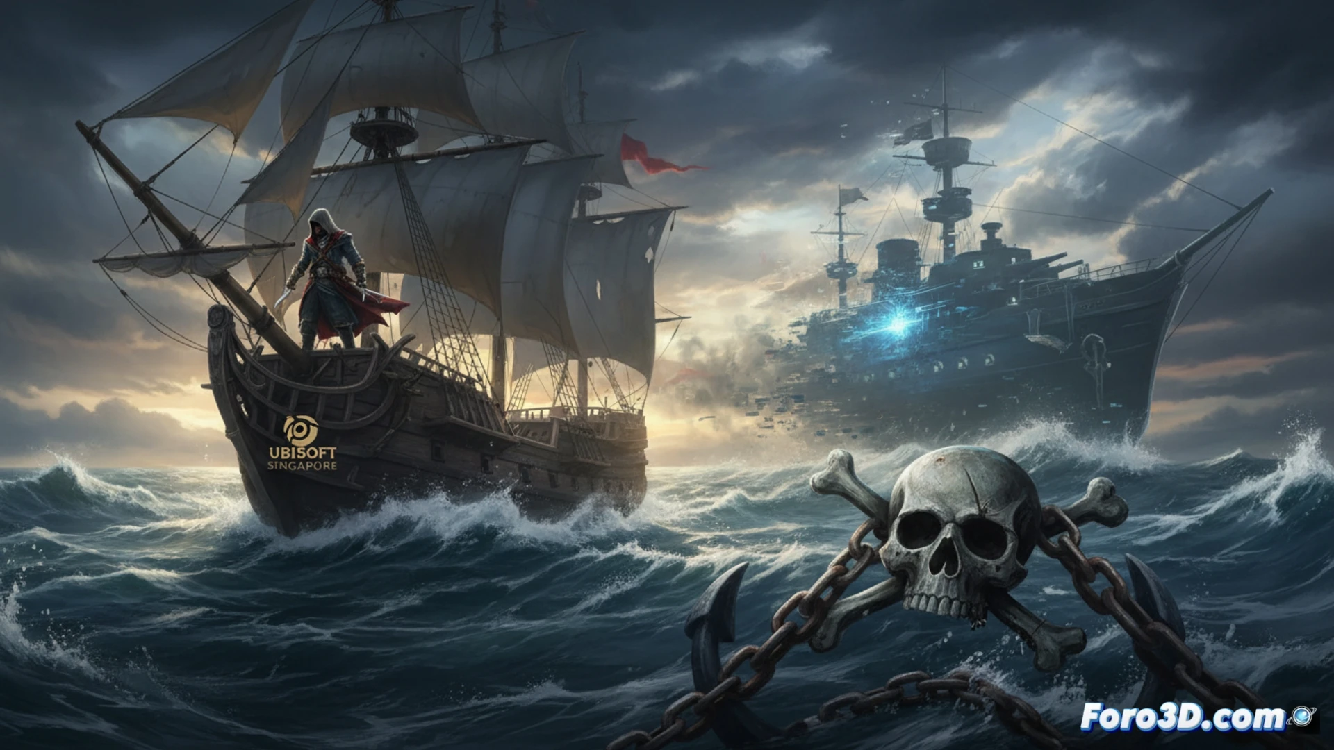 Un barco pirata surca mares tormentosos bajo un cielo rojo, con el logo de Skull and Bones y la sombra de un asesino en la vela.