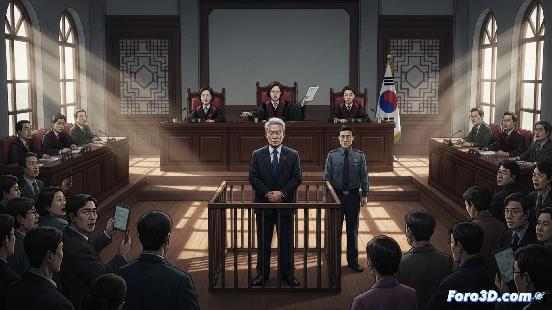 Un juez en toga golpea un mazo sobre la mesa, junto a un expediente que dice 'Yoon Suk Yeol: 7 años'. Al fondo, la bandera de Corea del Sur cuelga solemne.