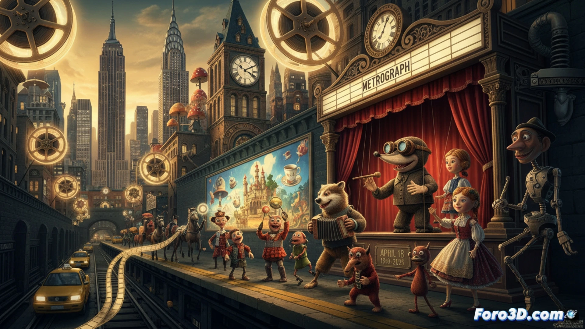 Una marioneta de stop-motion checa, detallada y onírica, en un set teatral frente al skyline de Nueva York.