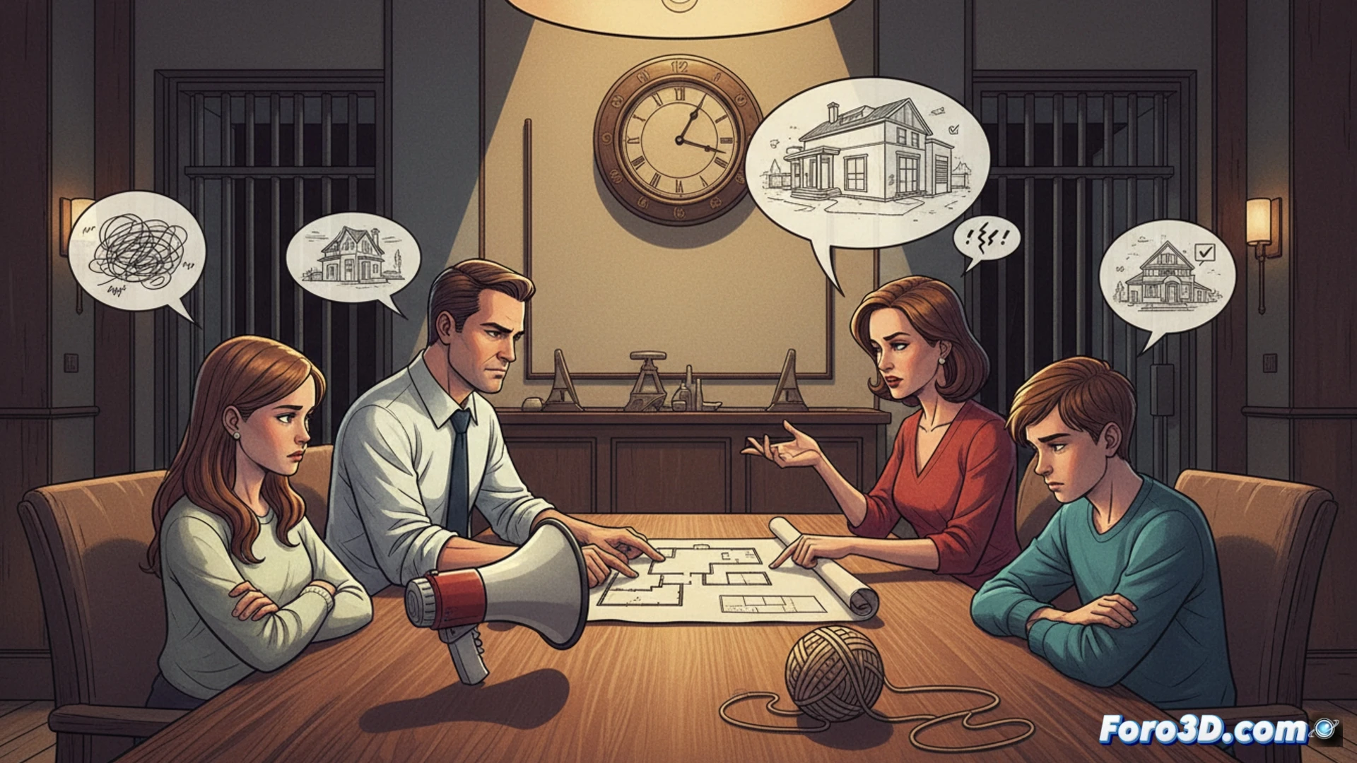 Una familia 'dialogando' mientras los padres imponen una decisión con gestos autoritarios.