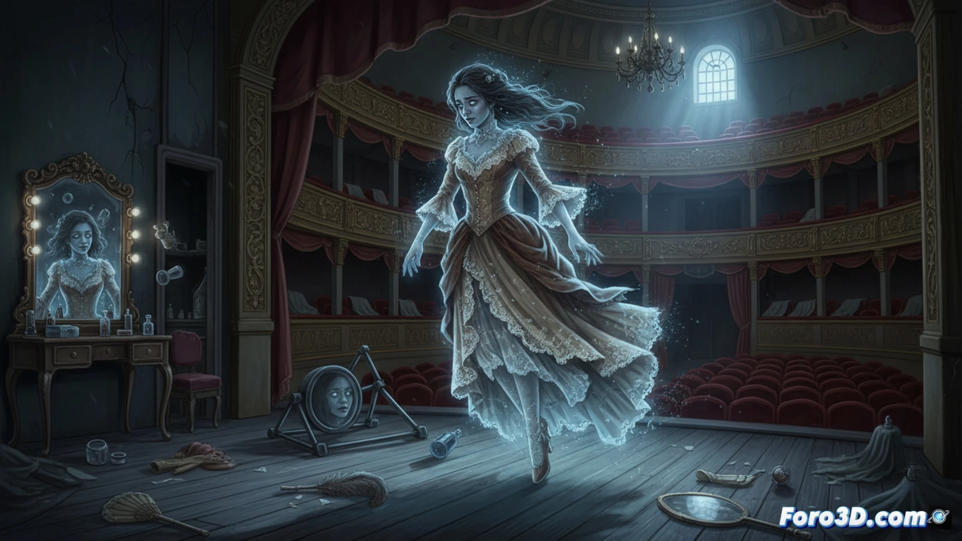 Un fantasma femenino vaga entre bambalinas y espejos del antiguo teatro, dejando su leyenda en el aire.