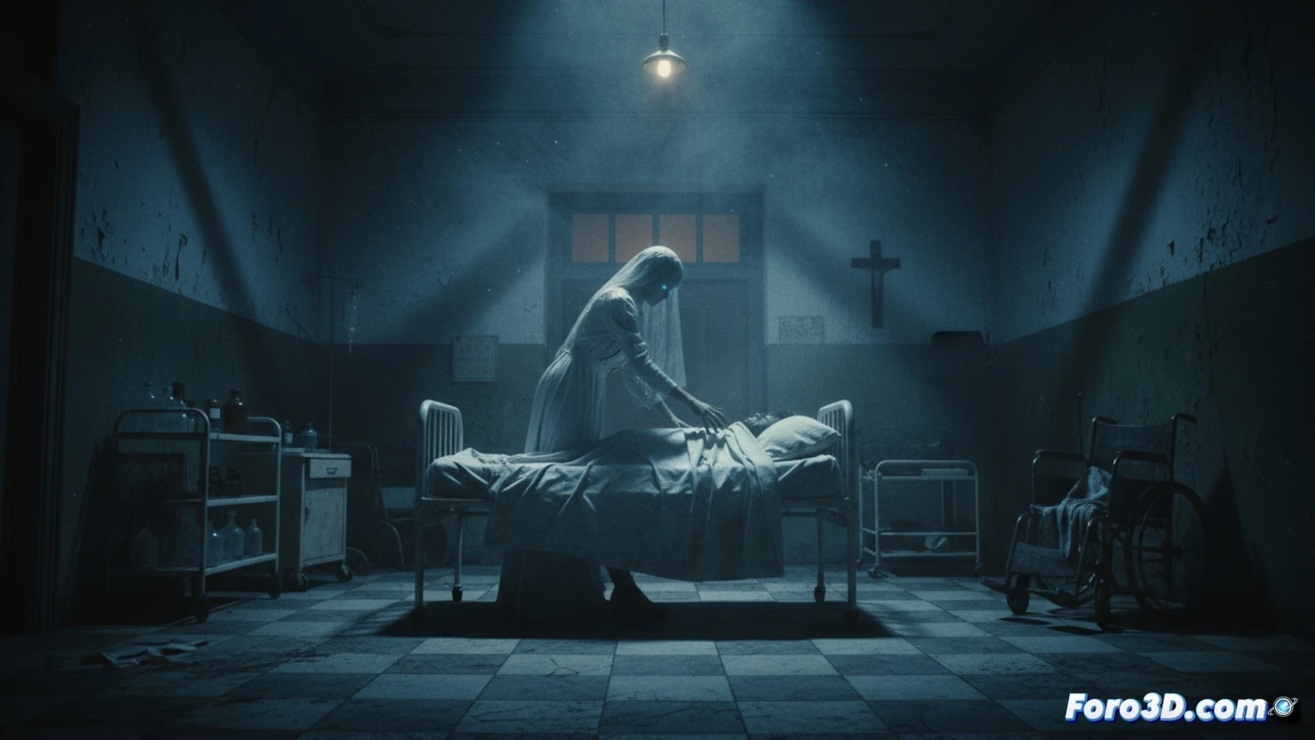 Una enfermera de uniforme antiguo atiende en un pasillo hospitalario, para luego desvanecerse en la penumbra.