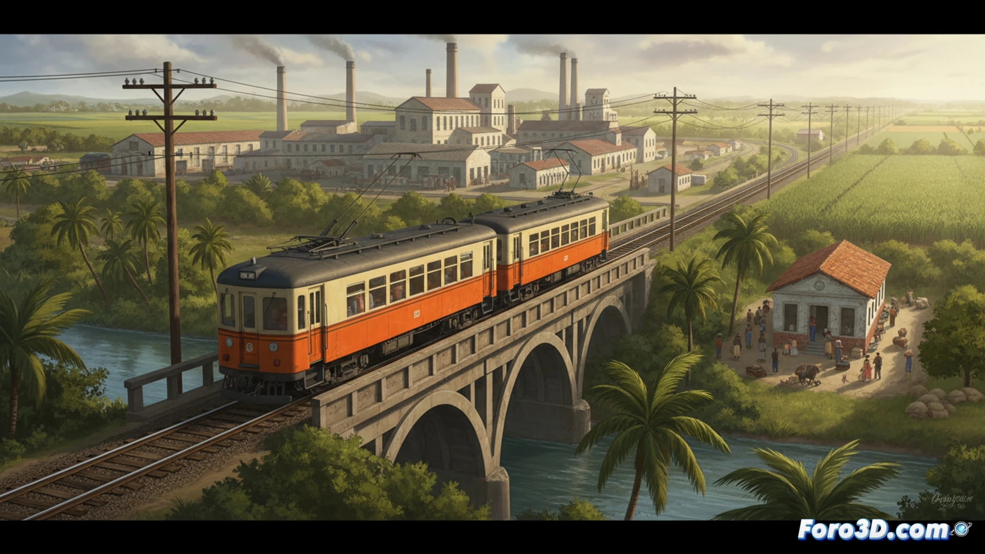 Una locomotora eléctrica vintage avanza por campos de caña, conectando el central azucarero con La Habana.