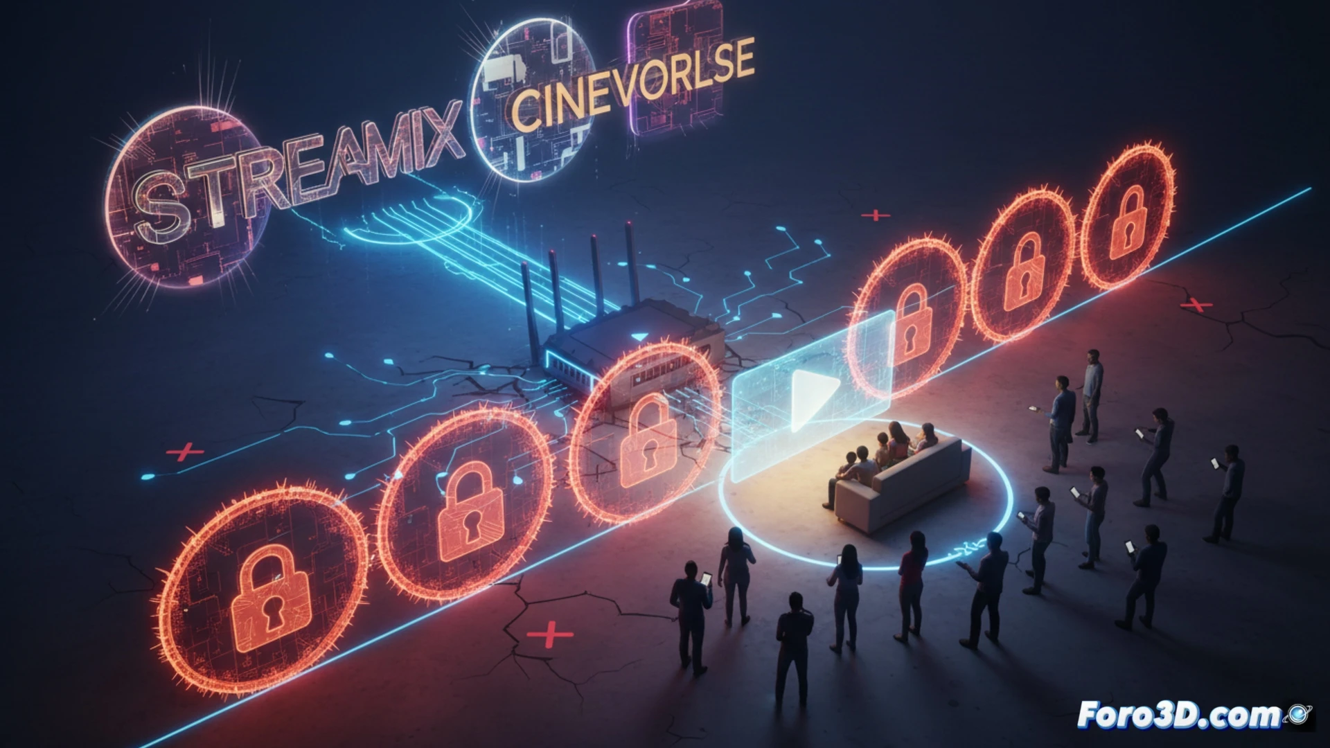 Una familia discute frente a una pantalla con avisos de restricción por compartir cuenta de streaming.