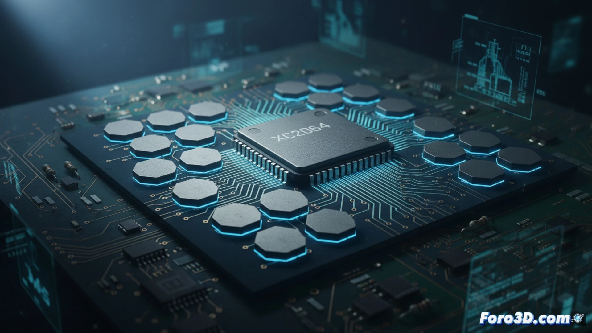 Primer plano retro del FPGA XC2064 de 1985, con su cuadrícula 8x8 de bloques lógicos visibles bajo luz ámbar, mostrando la flexibilidad del hardware reprogramable.