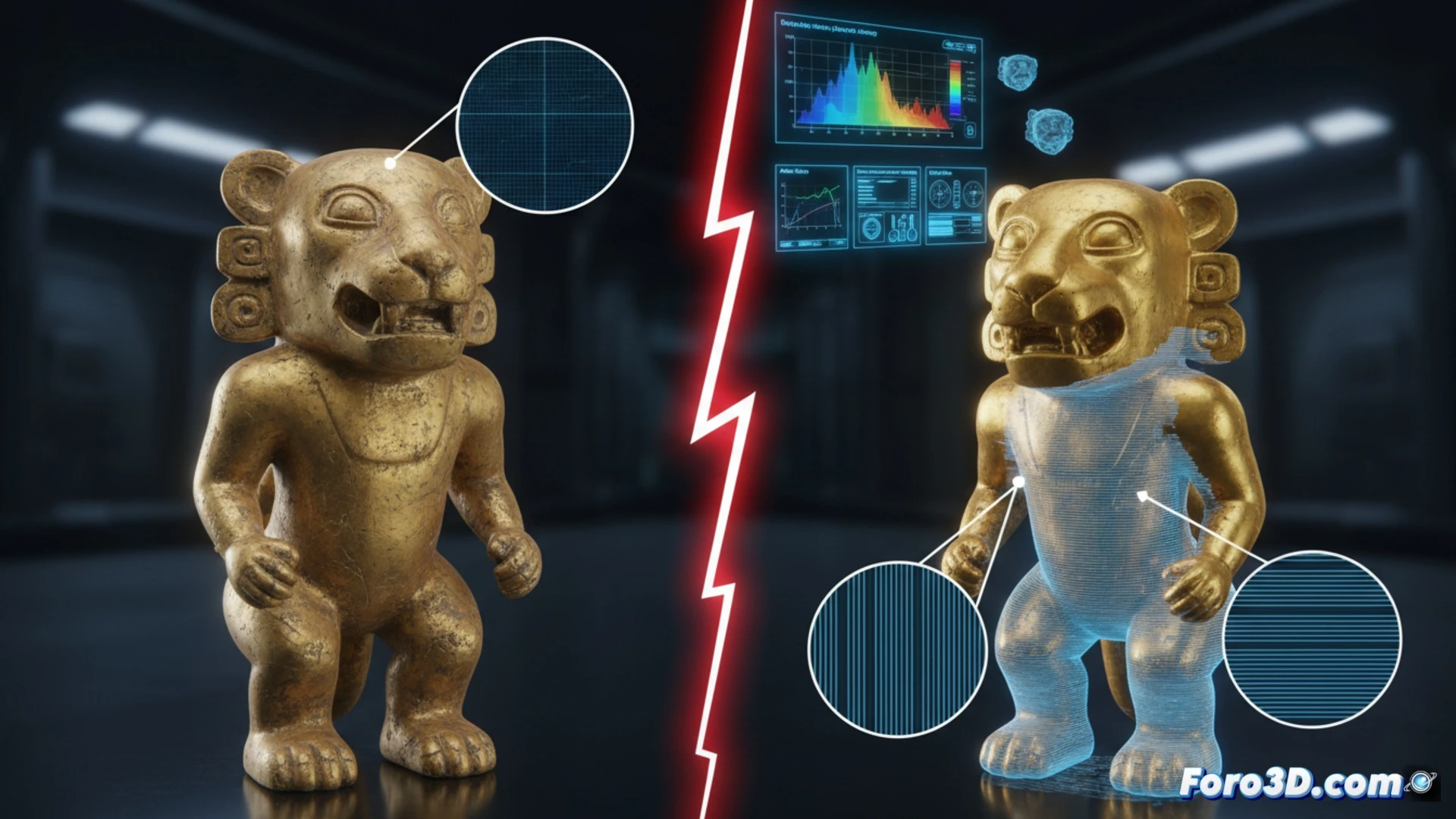 Escaneo 3D forense revela capas de impresión SLA bajo baño de oro en estatua precolombina falsa