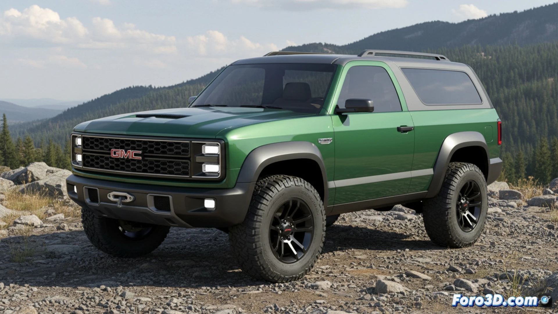 GMC Jimmy 2029 rugiendo sobre rocas, diseño cuadrado, neumáticos todoterreno, faros LED, compitiendo con Bronco y Wrangler.