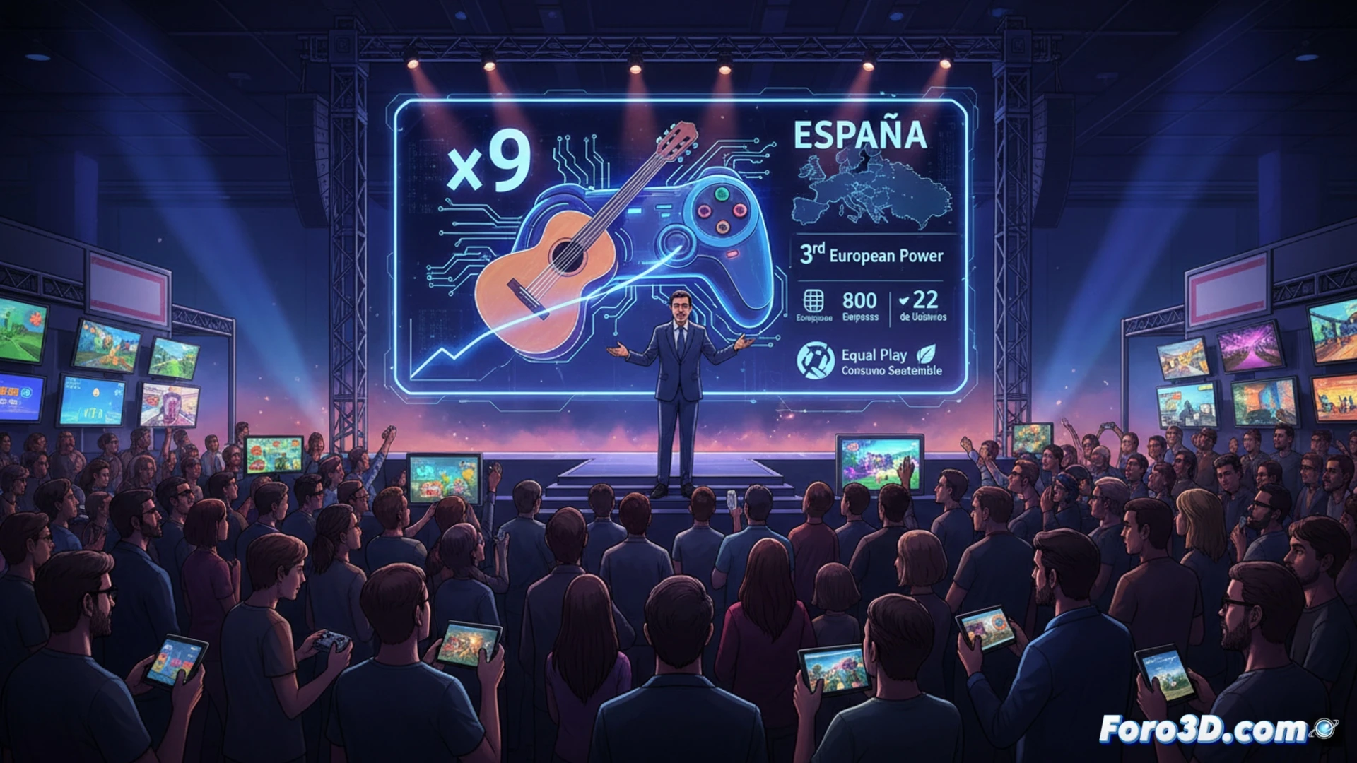 Ministro en feria de videojuegos, con gráficos de crecimiento económico y logos de empresas españolas de fondo.