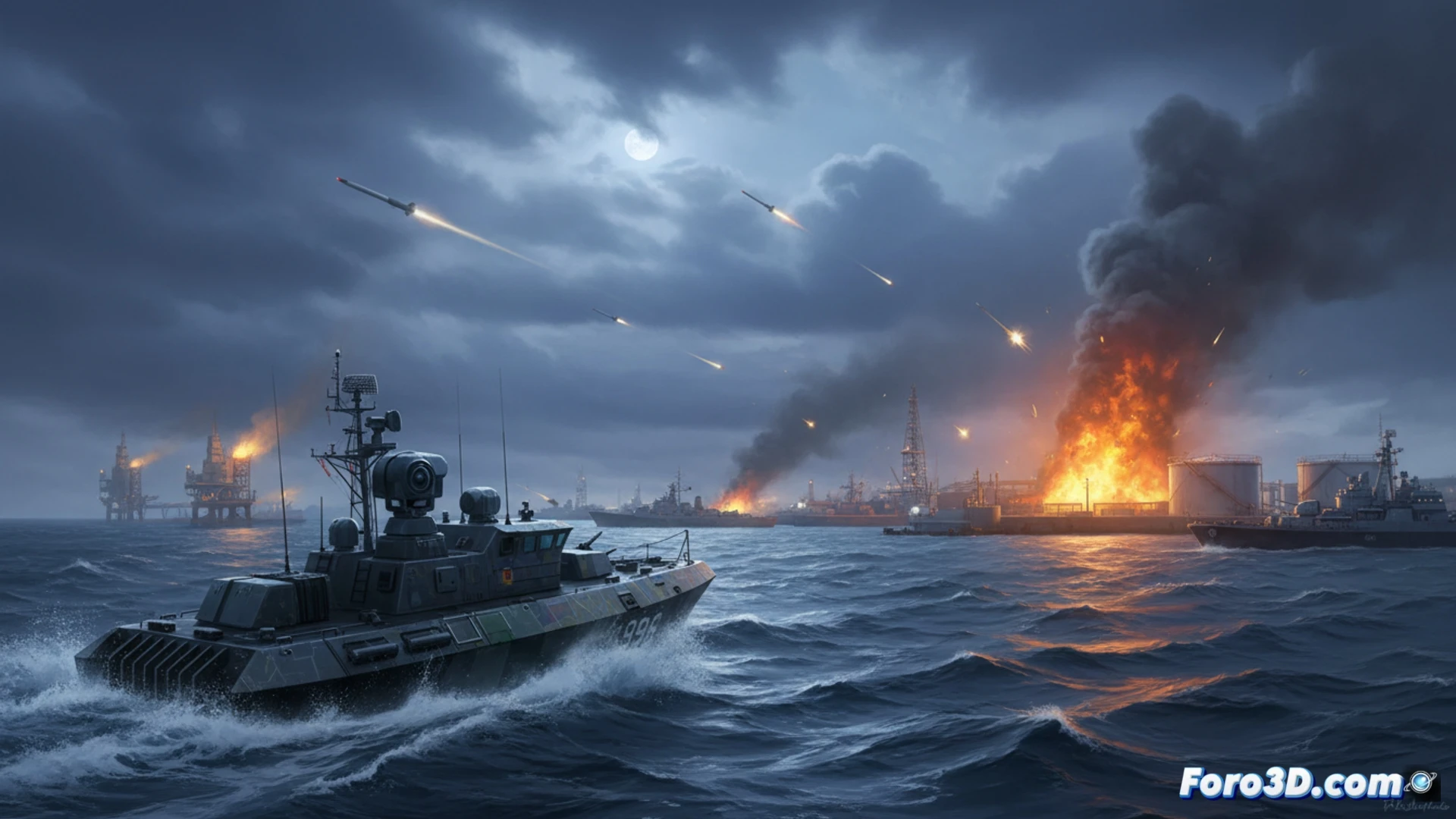 Imagen de un buque de guerra en el gélido Golfo de Finlandia, con humo al fondo por ataques a puertos petroleros rusos.