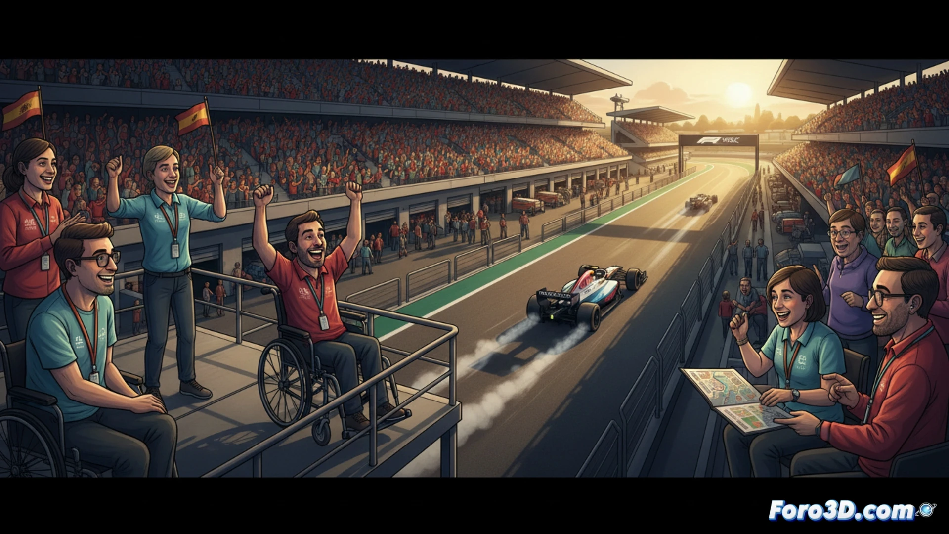 Un circuito de F1 con áreas adaptadas y señalética accesible, destacando la inclusión de espectadores con discapacidad.