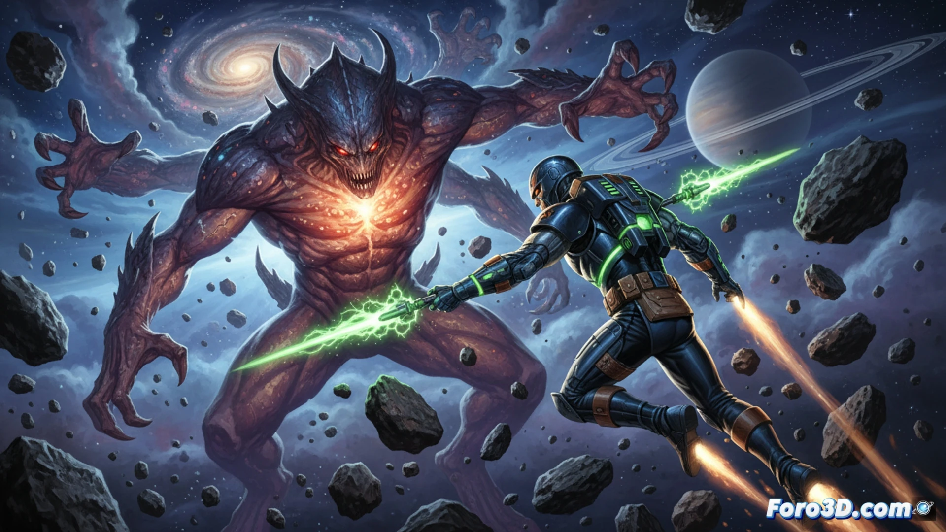 Ilustración retro de cómic: Space Ranger pilota su nave espacial, rodeado de planetas y tecnología futurista años 50.