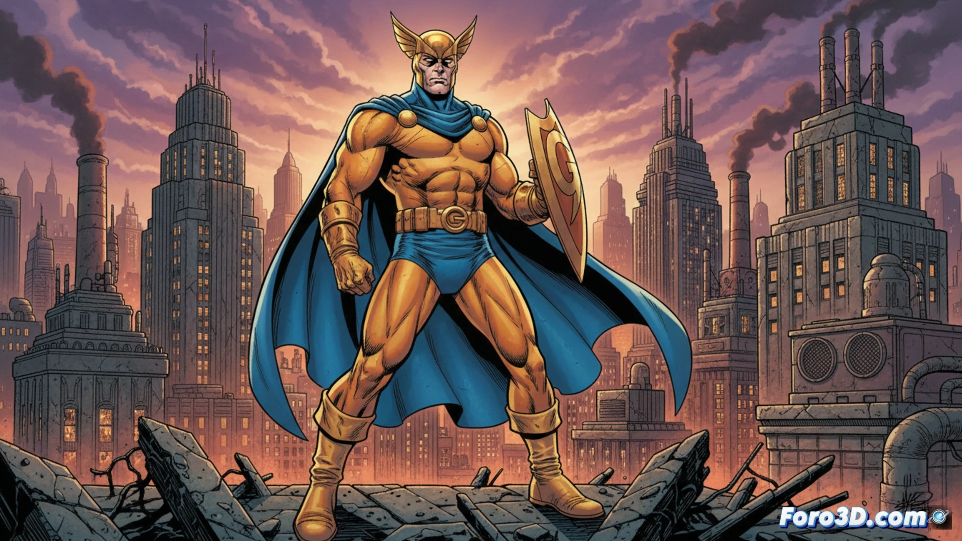 Un héroe urbano con capa, patrullando los tejados de noche bajo la lluvia.