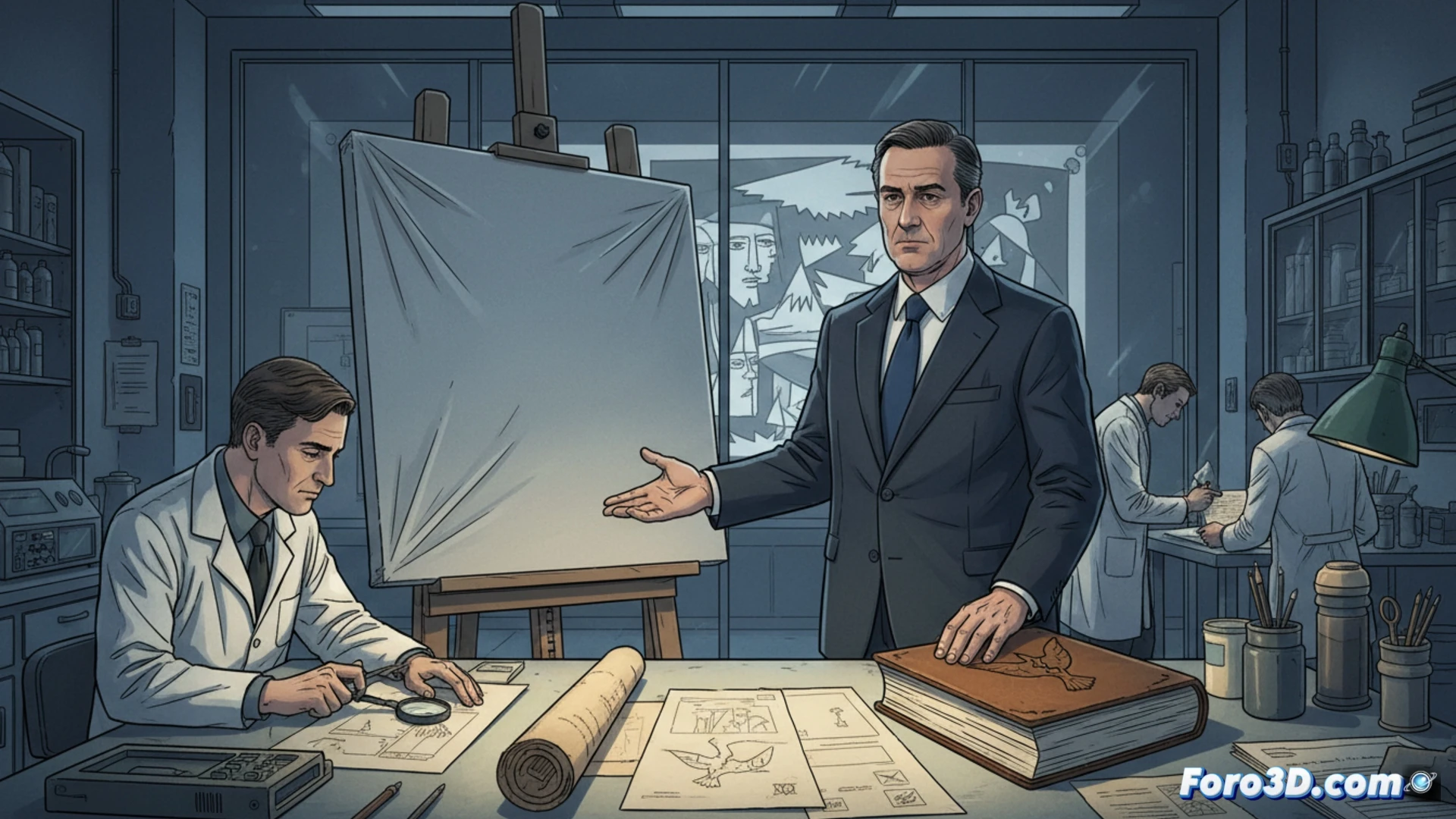 Réplica digital 3D del Guernica en una pantalla táctil, junto a detalles de la pintura original con craquelado.