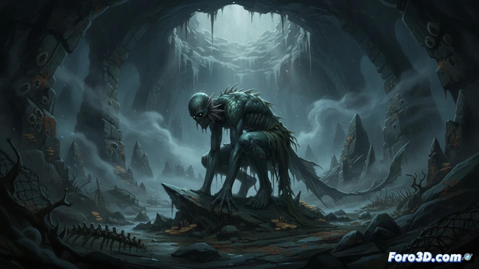 Un hombre con escamas emerge de aguas sombrías, entre la bruma costera y la realidad.