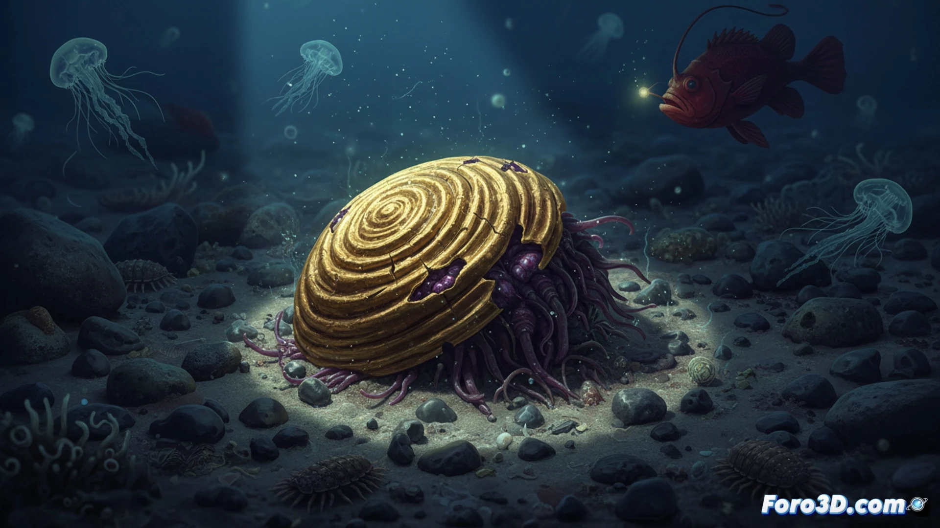 Una semiesfera dorada y translúcida, de unos 10 cm, yace en el lecho marino del golfo de Alaska. Su superficie lisa tiene un agujero central oscuro, rodeada de pequeñas grietas. Al fondo, rocas y sedimentos del abismo, iluminados por un tenue haz azul de un sumergible. La imagen evoca un huevo alienígena, pero es una anémona muerta tras tres años de misterio.