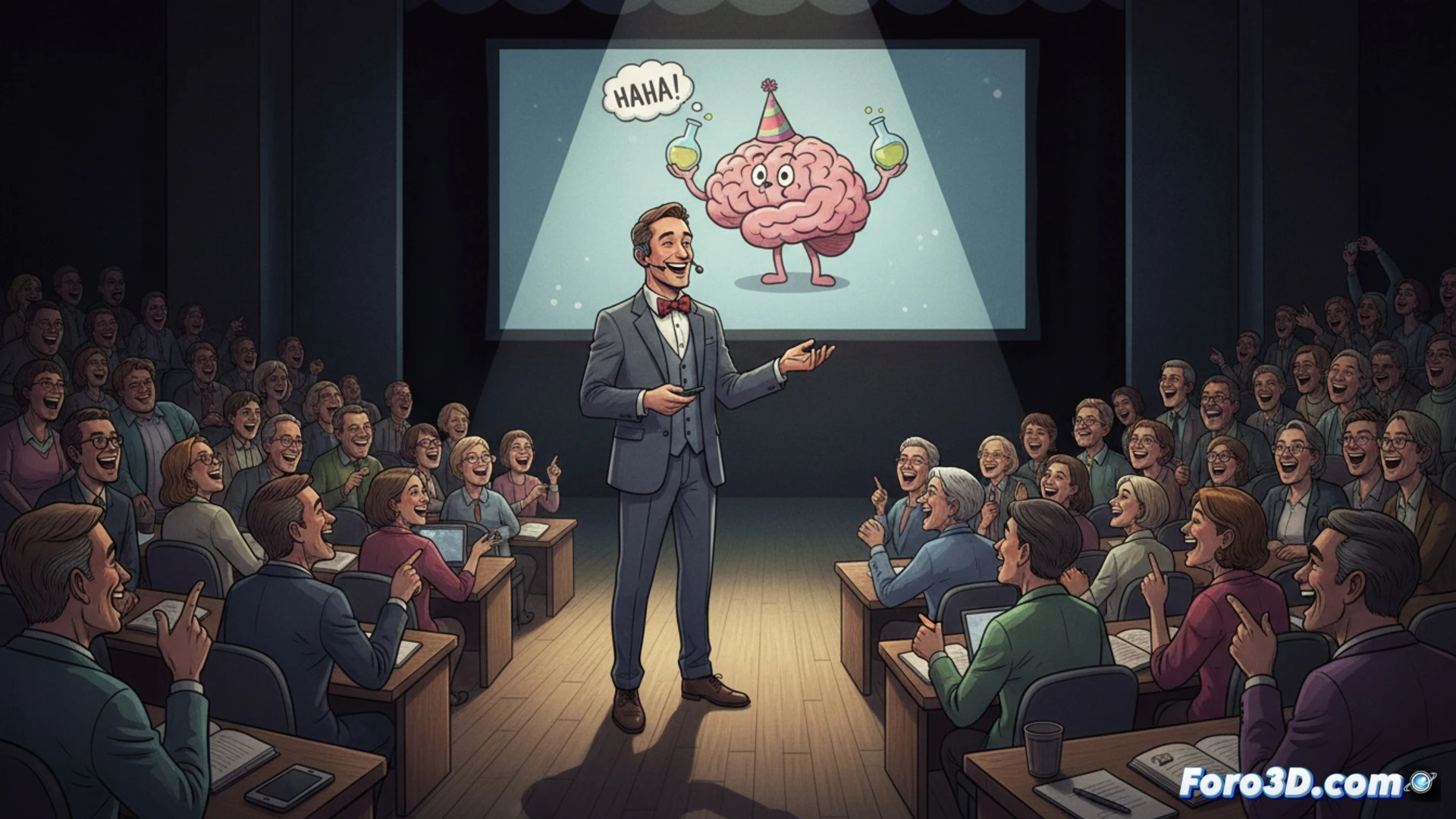 Cientifico sonriente junto a una compleja y colorida visualizacion 3D de una molecula, en un auditorio.