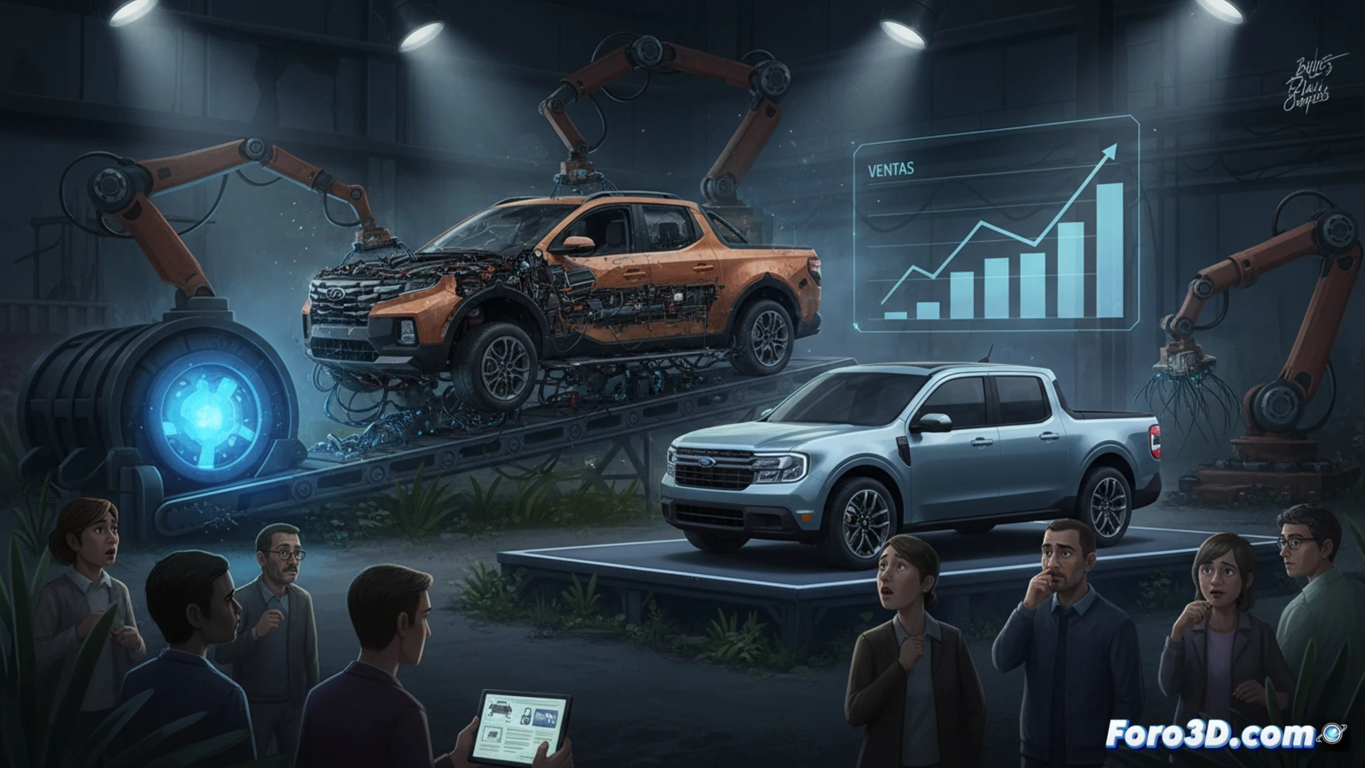 Una pickup compacta blanca estacionada frente a un letrero de 'Fin de producción 2026', con un Maverick a lo lejos.