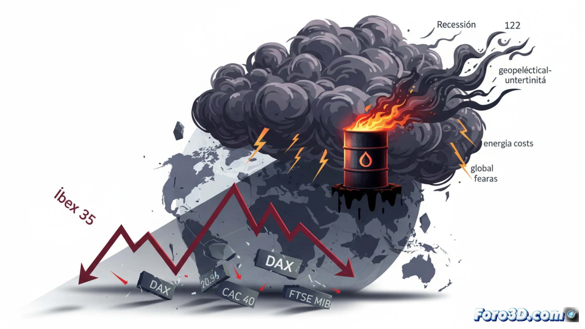 Un gráfico bursátil en rojo intenso muestra el Ibex 35 cayendo un 6%, con un barril de petróleo a 122 dólares al fondo y nubes de tormenta simbolizando la incertidumbre geopolítica.