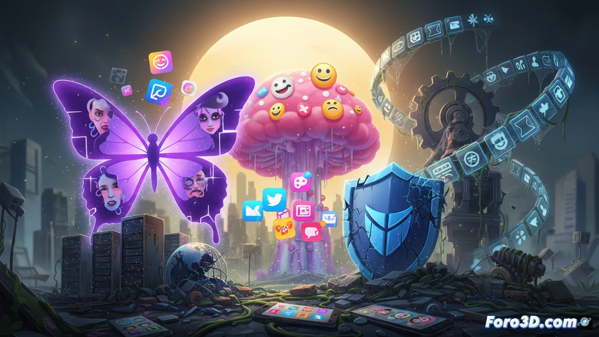 Una balanza digital inclinada: un smartphone brillante con filtros selfie y auras flota en un plato, mientras herramientas de datos, engranajes y escudos caen del otro lado, oxidados.