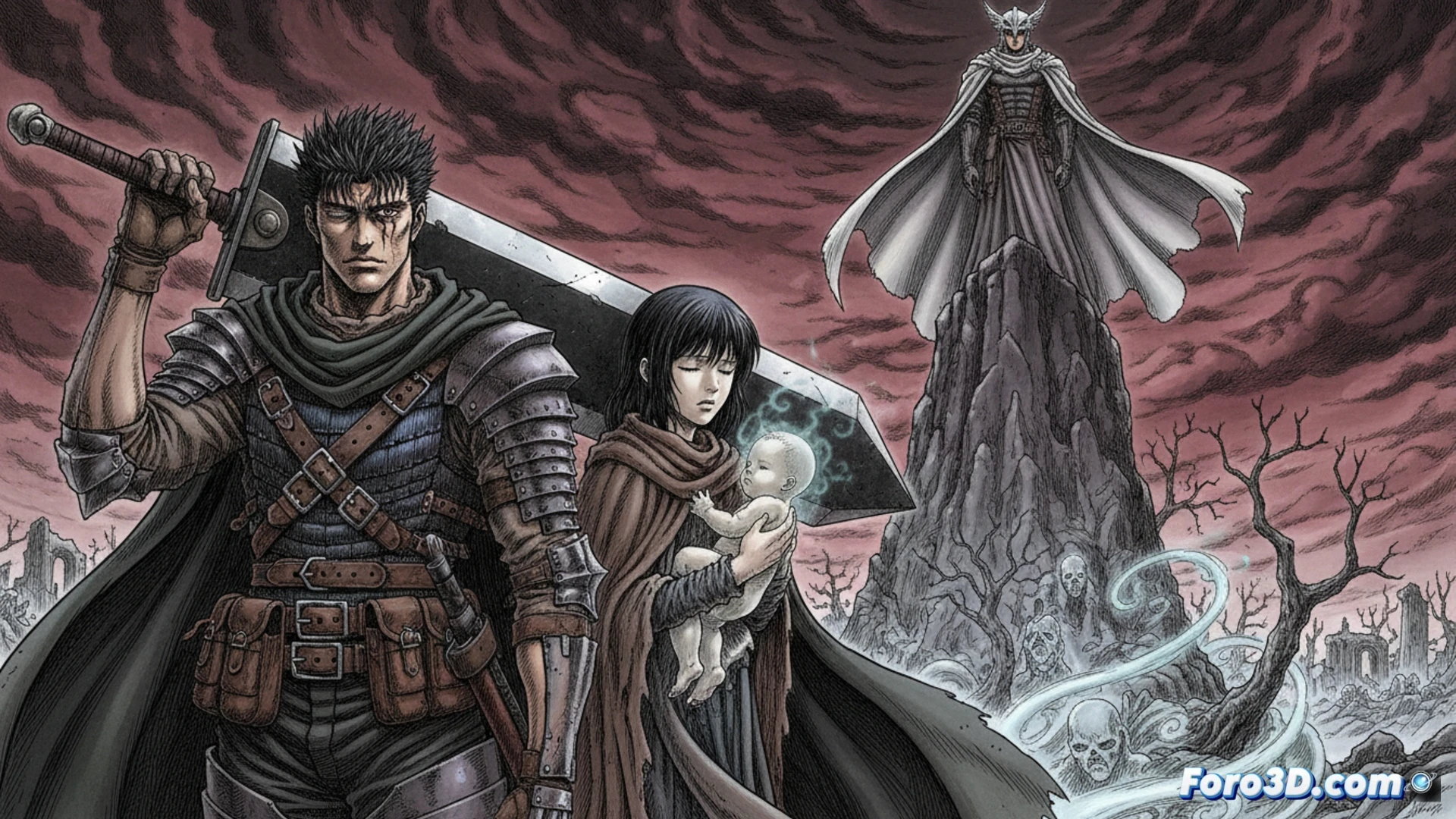 Un guerrero solitario con cicatrices carga una espada enorme bajo un cielo plagado de rostros espectrales.