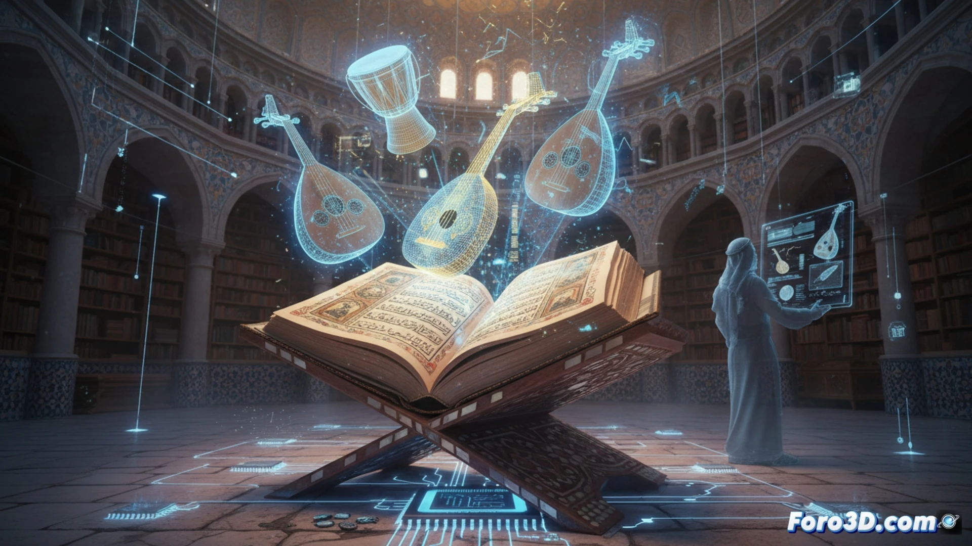 Recreacion 3D de un antiguo manuscrito arabe abierto, mostrando paginas digitalizadas con detalles geometricos y caligraficos.