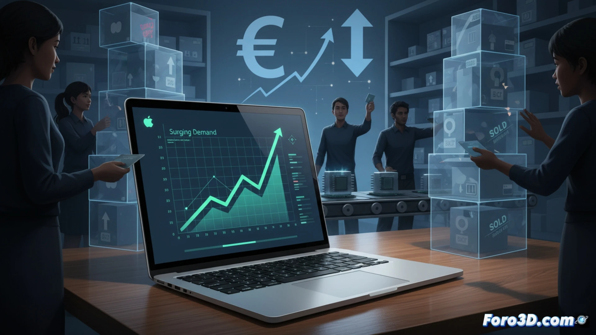 Un MacBook Neo sobre una mesa, con su caja vacía al lado y un cliente revisando un teléfono con cara de frustración.