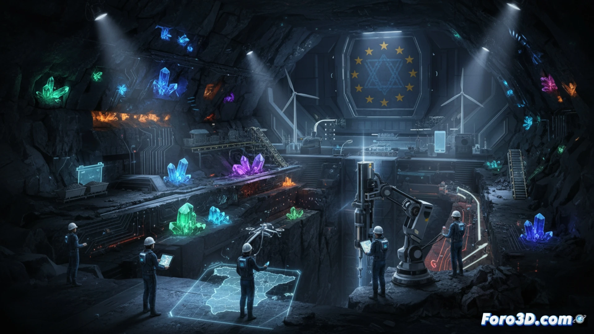 Vista aérea de una mina en el Macizo Varisco, con maquinaria geológica y banderas de la UE, simbolizando la búsqueda de autonomía en minerales críticos.