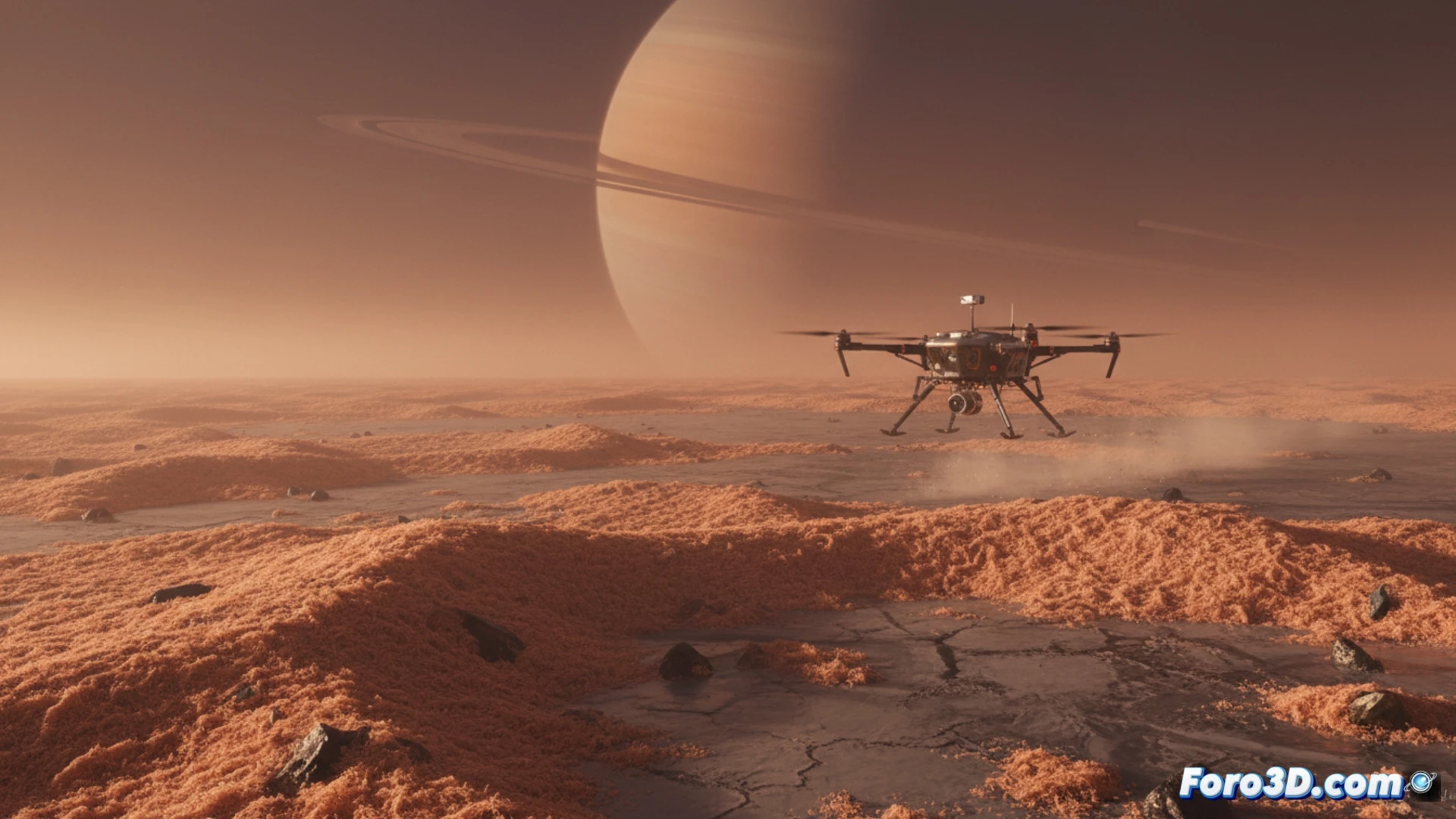 Una llanura de Titán cubierta por una capa esponjosa y seca de material orgánico, bajo un cielo anaranjado.