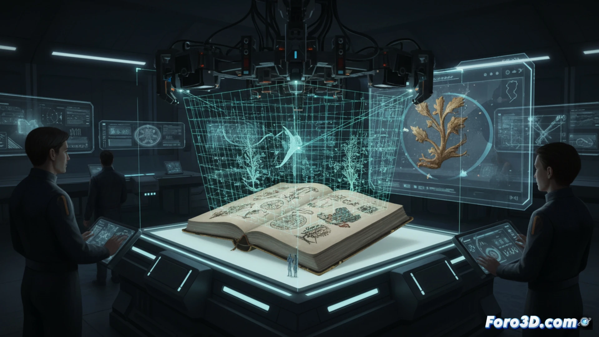 Reconstrucción 3D de una página del Manuscrito Voynich, mostrando detalles microscópicos de tinta y pergamino.